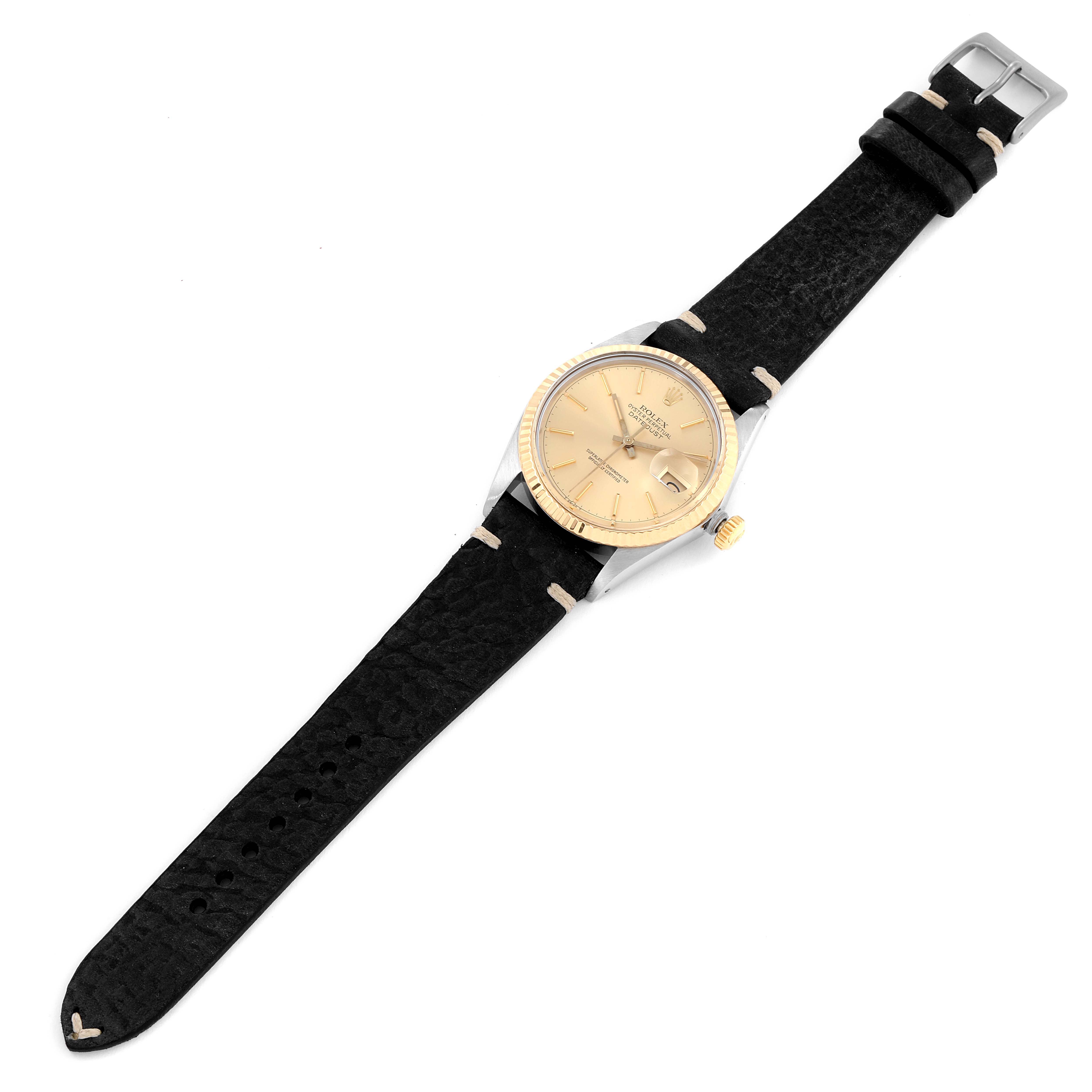 The image shows a Vintage Collection Rolex watch, displayed flat with its face and black leather strap fully visible.