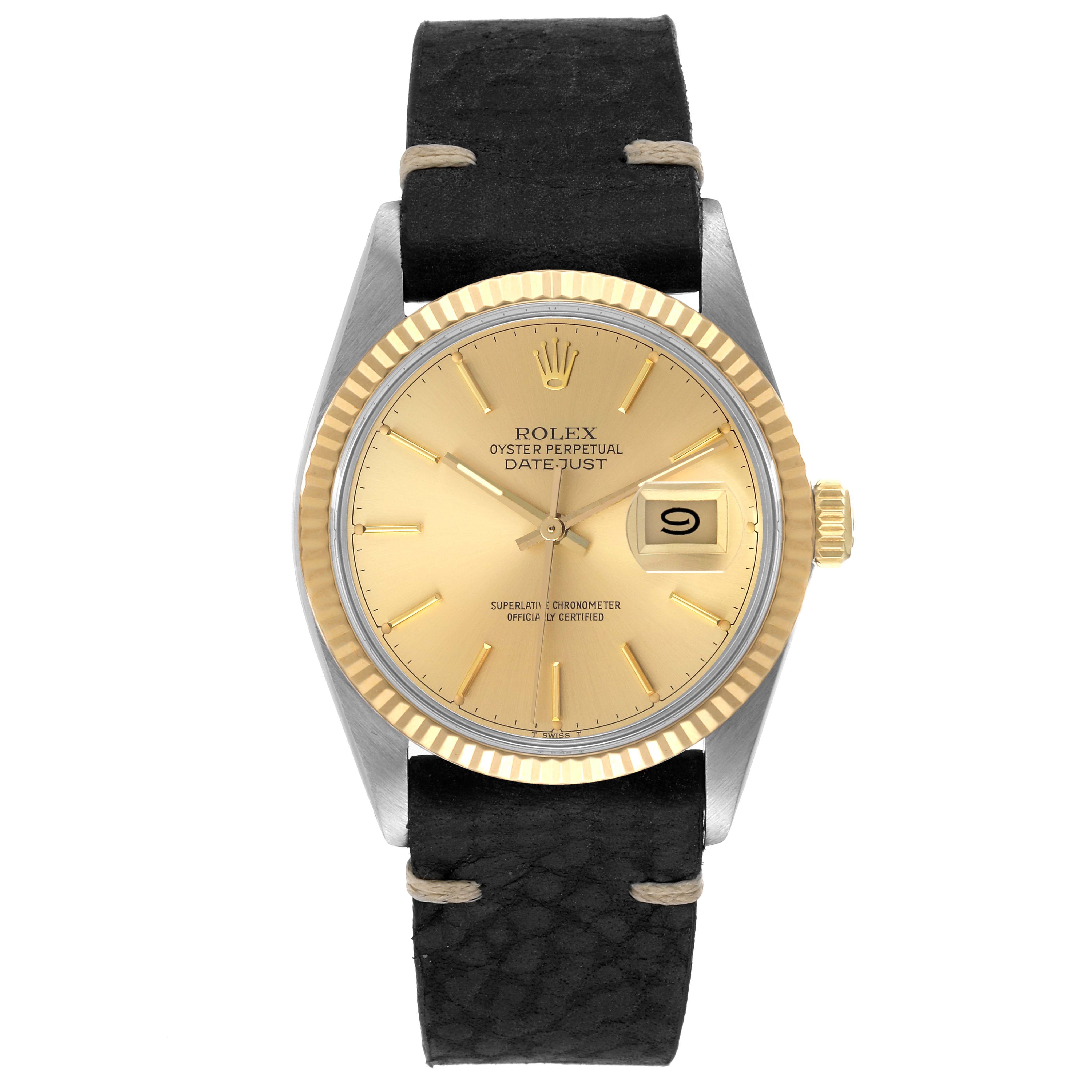 The image shows the Rolex Vintage Collection 16013 Men's Steel and Gold (two tone) Champagne Dial 16013 Men's Steel and Gold (two tone) Champagne Dial Datejust model watch from a front angle, highlighting the face, bezel, and strap.