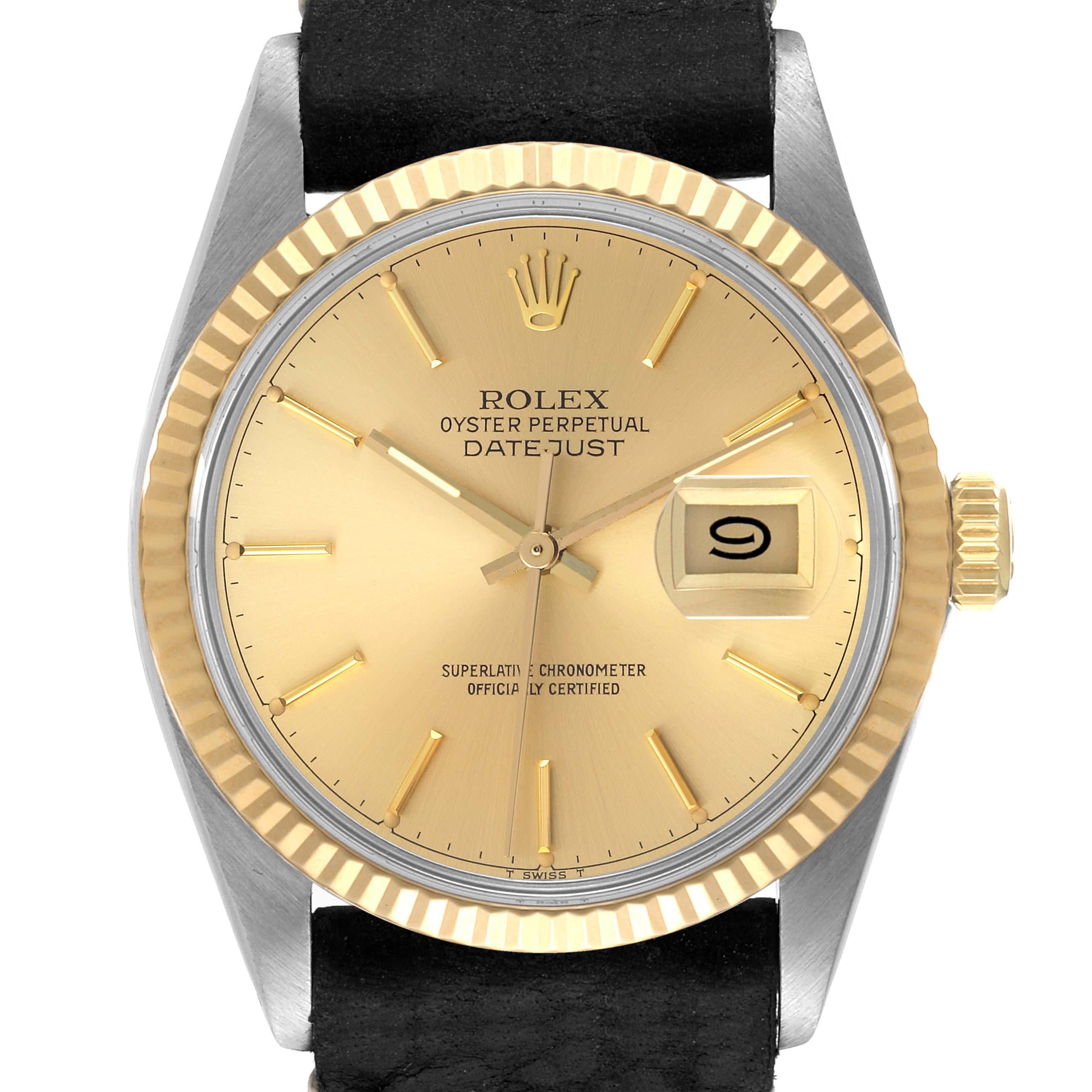 This image displays a front view of a Rolex Vintage Collection 16013 Men's Steel and Gold (two tone) Champagne Dial 16013 Men's Steel and Gold (two tone) Champagne Dial Datejust, featuring its gold dial, fluted bezel, and leather strap.