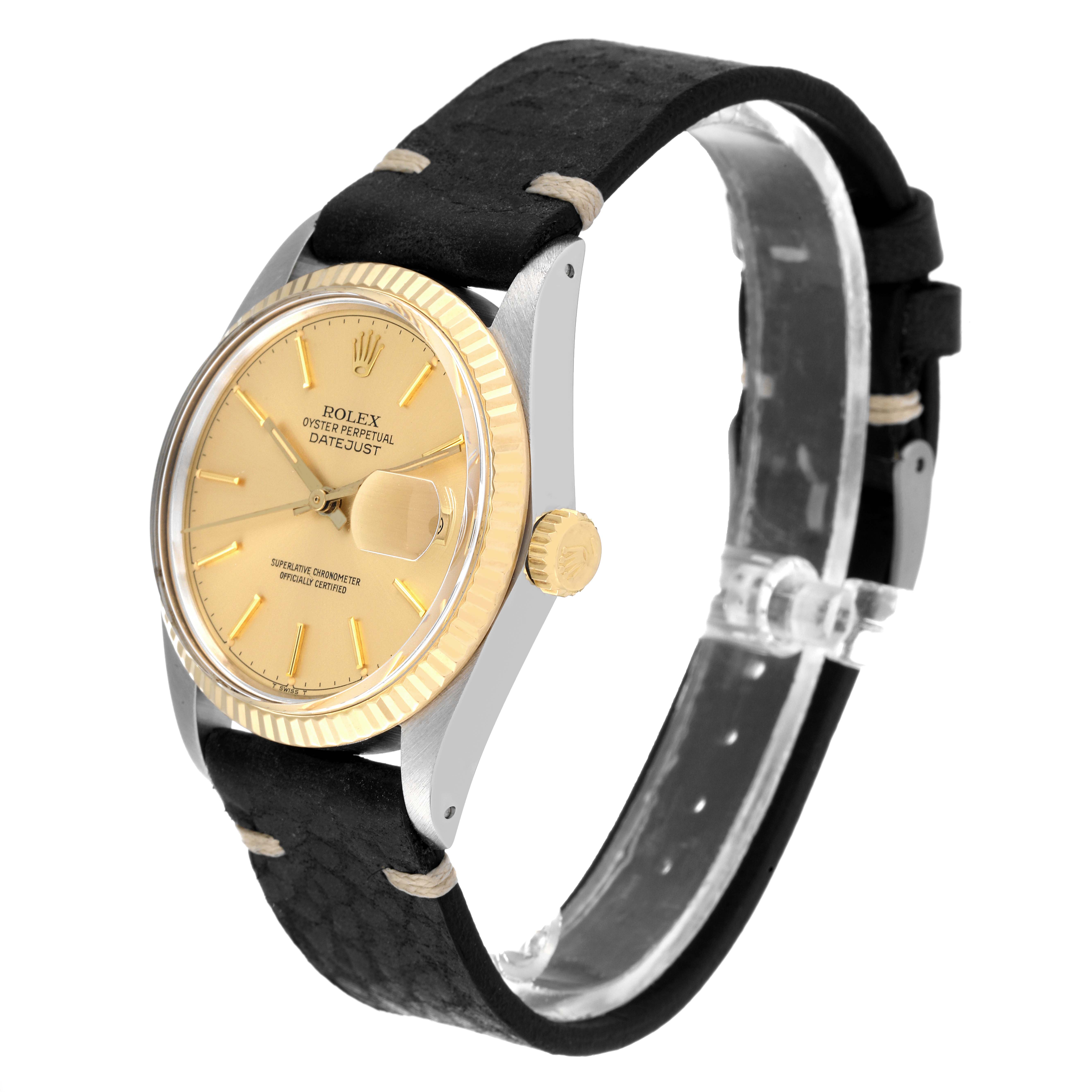 The Rolex Vintage Collection 16013 Men's Steel and Gold (two tone) Champagne Dial 16013 Men's Steel and Gold (two tone) Champagne Dial model is shown at a 45-degree angle, highlighting its gold bezel, dial, and black strap.