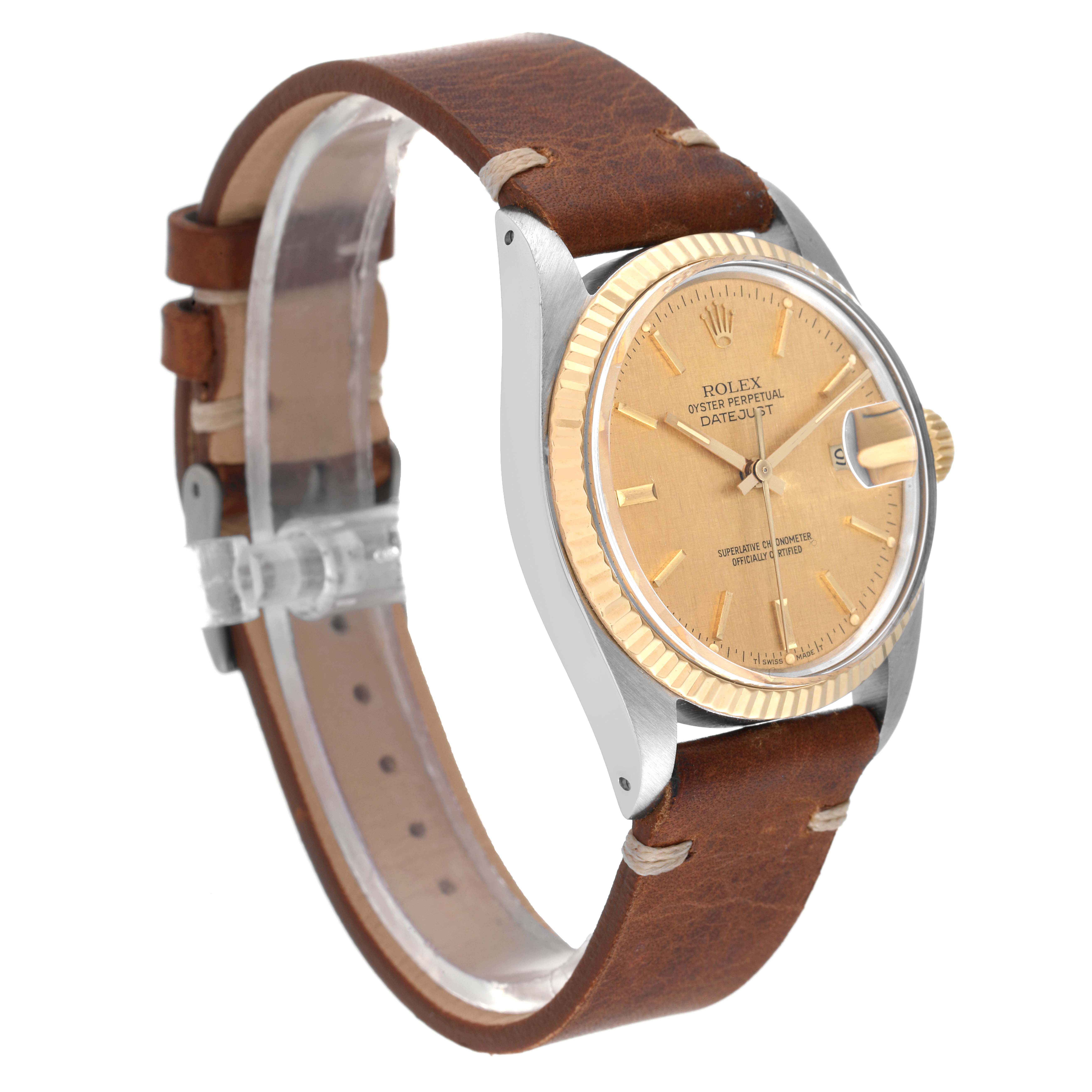 The image shows a side view of the Rolex Vintage Collection 16013 Men's Steel and Gold (two tone) Champagne Dial 16013 Men's Steel and Gold (two tone) Champagne Dial watch, highlighting its tan leather strap, gold bezel, and dial.