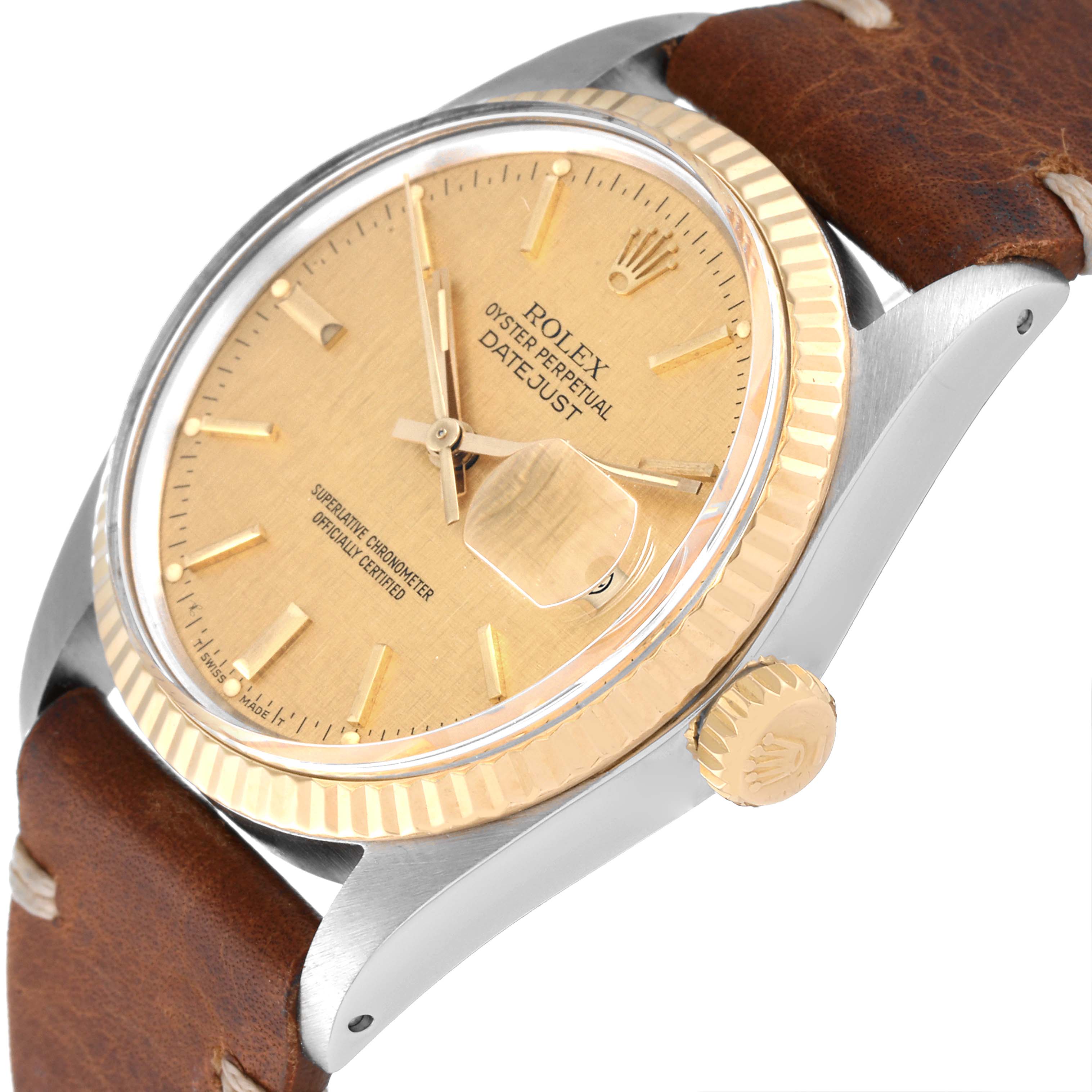 This image shows a close-up angled view of the Rolex Vintage Collection 16013 Men's Steel and Gold (two tone) Champagne Dial 16013 Men's Steel and Gold (two tone) Champagne Dial Oyster Perpetual Datejust watch face and crown.