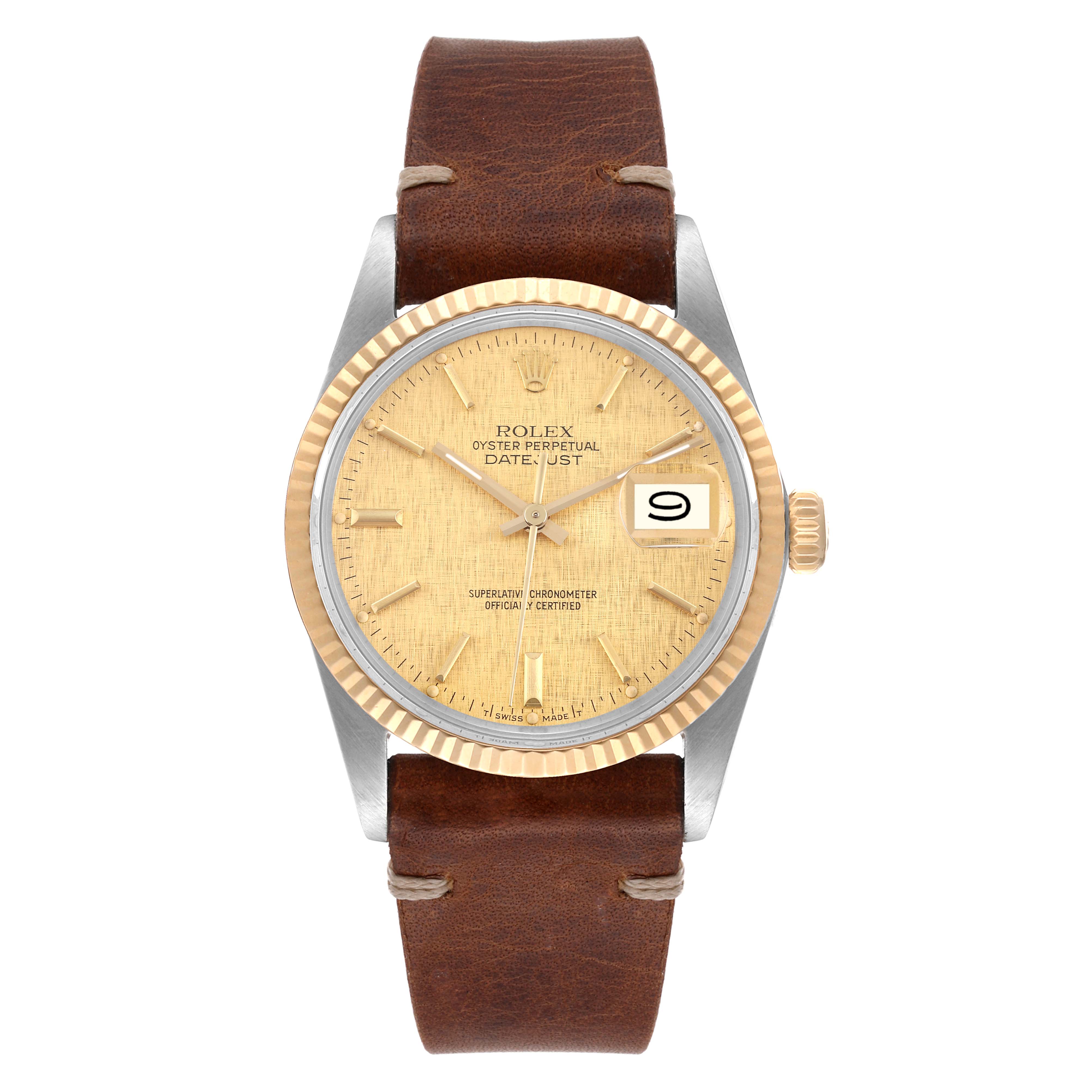 The image shows a front view of the Rolex Vintage Collection 16013 Men's Steel and Gold (two tone) Champagne Dial 16013 Men's Steel and Gold (two tone) Champagne Dial Oyster Perpetual Datejust watch with a brown leather strap.