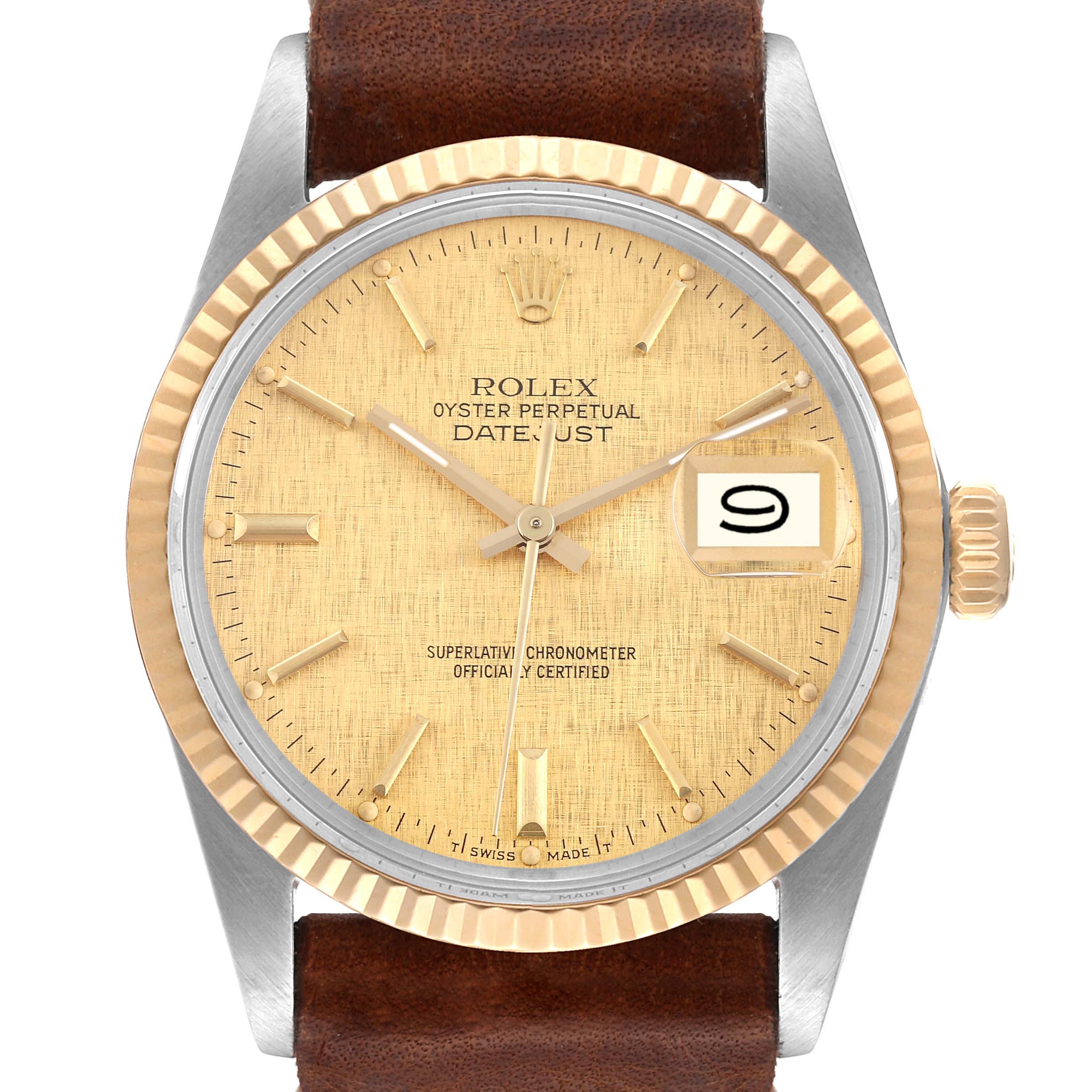 The image shows a front view of a Rolex Vintage Collection 16013 Men's Steel and Gold (two tone) Champagne Dial 16013 Men's Steel and Gold (two tone) Champagne Dial Oyster Perpetual Datejust watch with a gold bezel and brown leather strap.