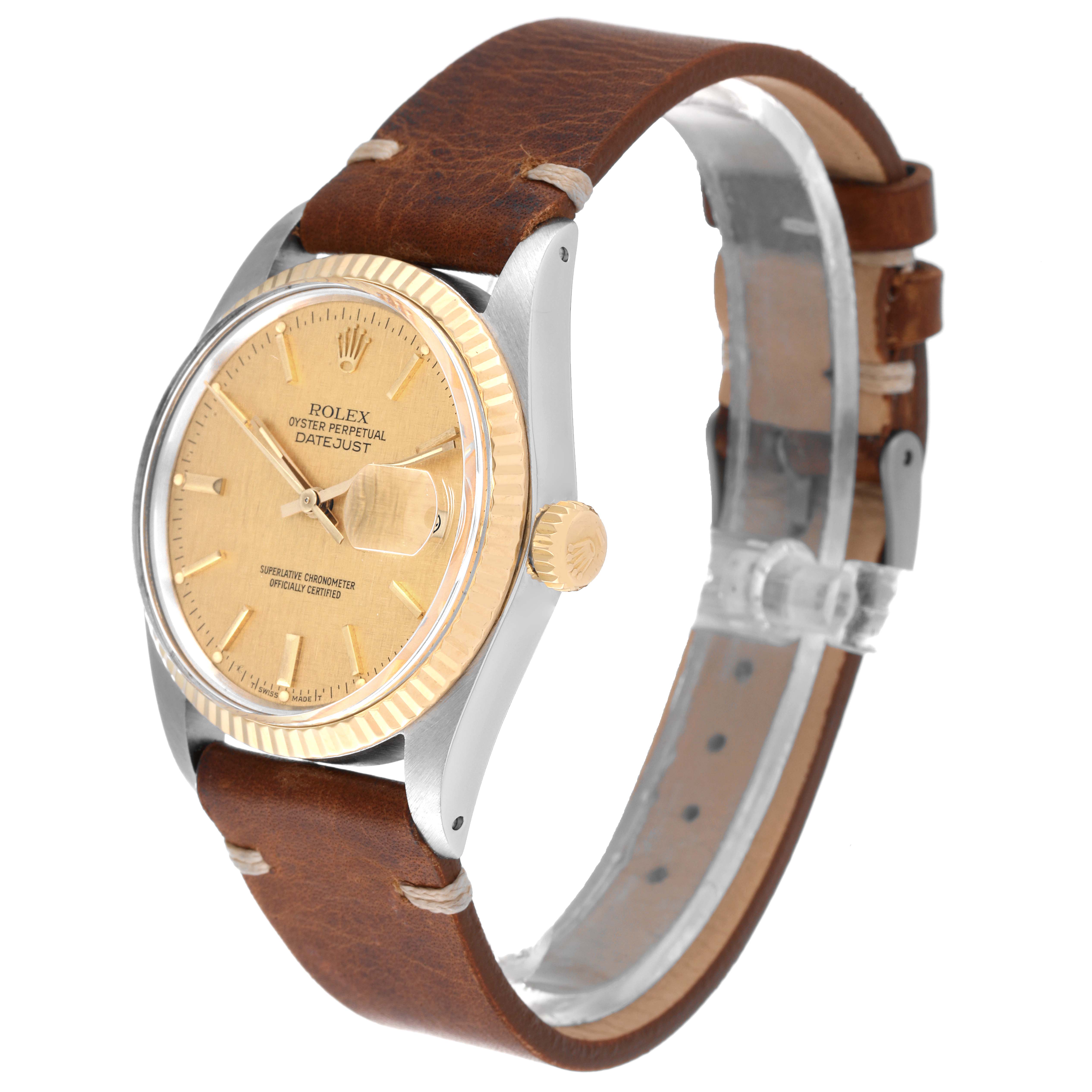 The Rolex Vintage Collection 16013 Men's Steel and Gold (two tone) Champagne Dial 16013 Men's Steel and Gold (two tone) Champagne Dial Datejust watch is shown at a three-quarter angle highlighting the dial, bezel, crown, and leather strap.