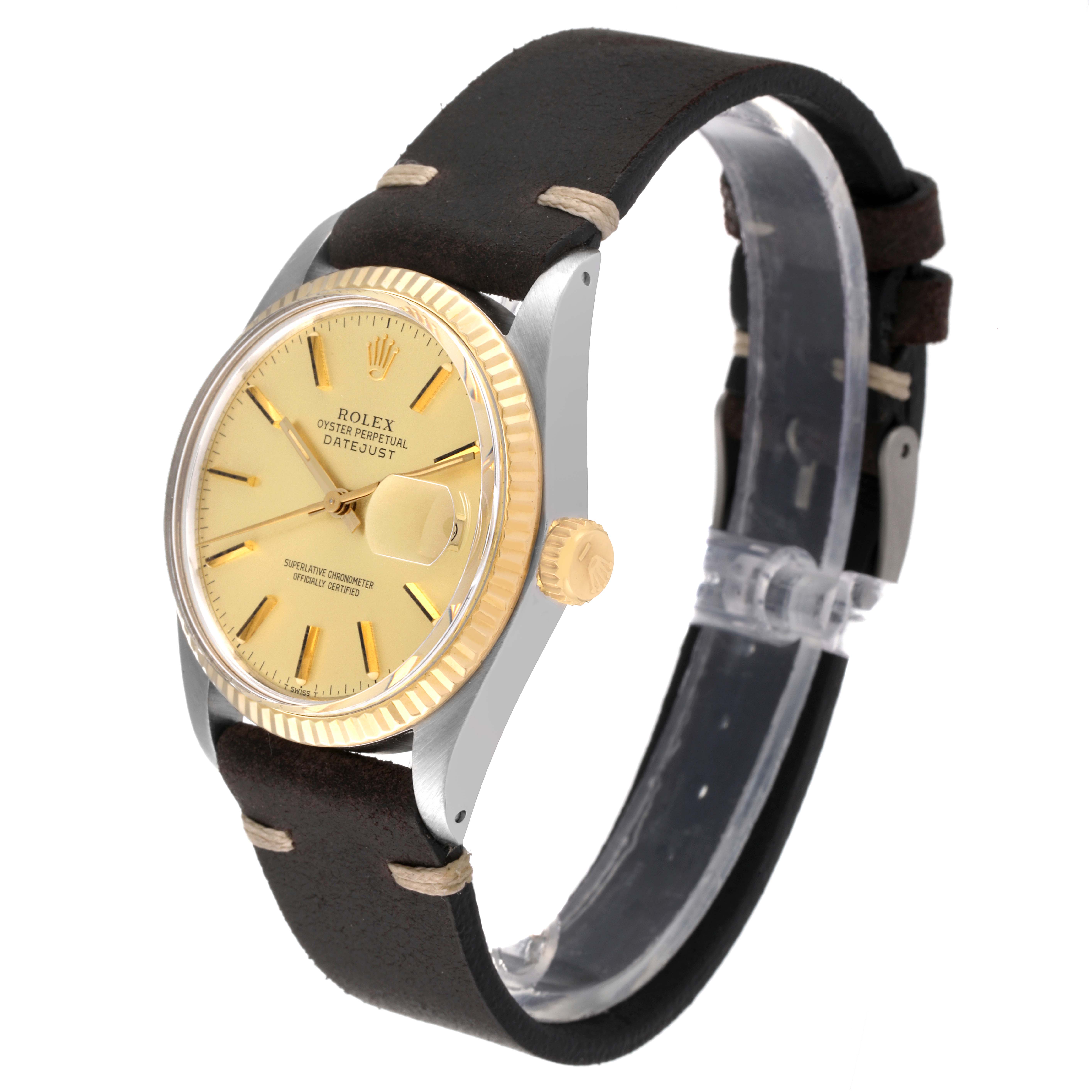The Rolex Vintage Collection 16013 Men's Steel and Gold (two tone) Champagne Dial 16013 Men's Steel and Gold (two tone) Champagne Dial Datejust watch is shown at an angle displaying the dial, bezel, crown, and leather strap.