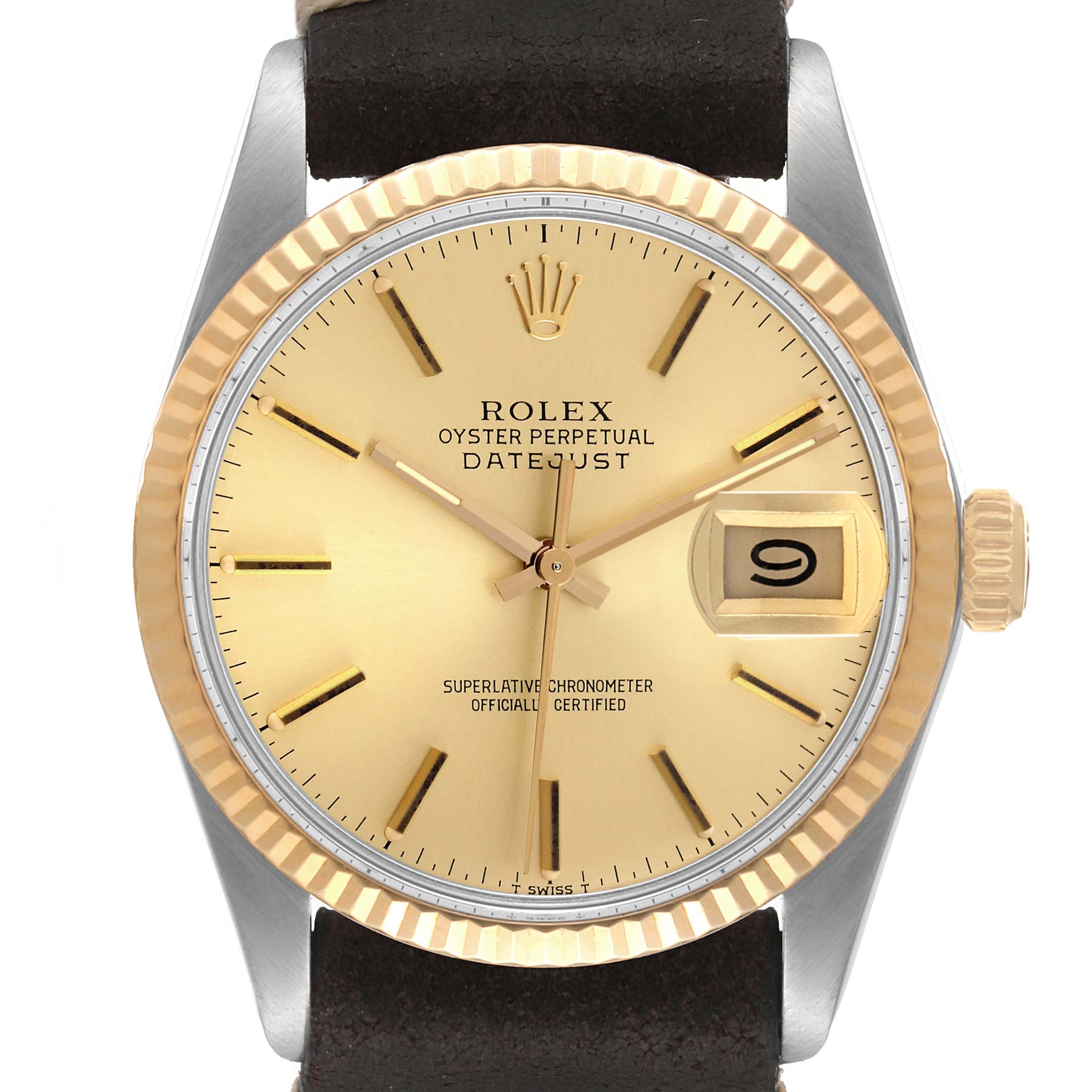 The image shows the face of a Rolex Datejust Vintage Collection watch, displaying the dial, hands, bezel, and part of the band.