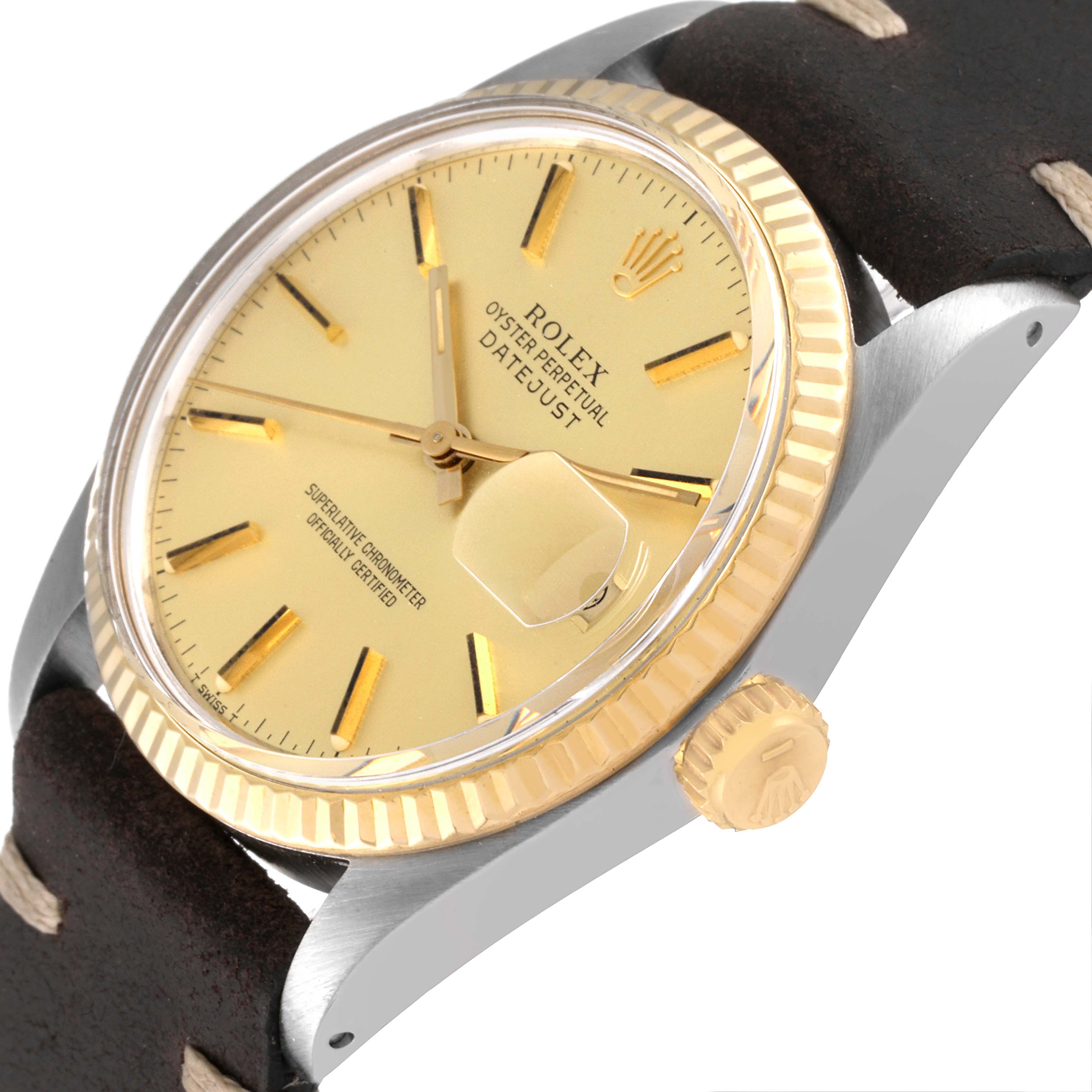 This is a close-up, side-view angle of the Rolex Vintage Collection 16013 Men's Steel and Gold (two tone) Champagne Dial 16013 Men's Steel and Gold (two tone) Champagne Dial Datejust watch, showing the dial, bezel, and crown.
