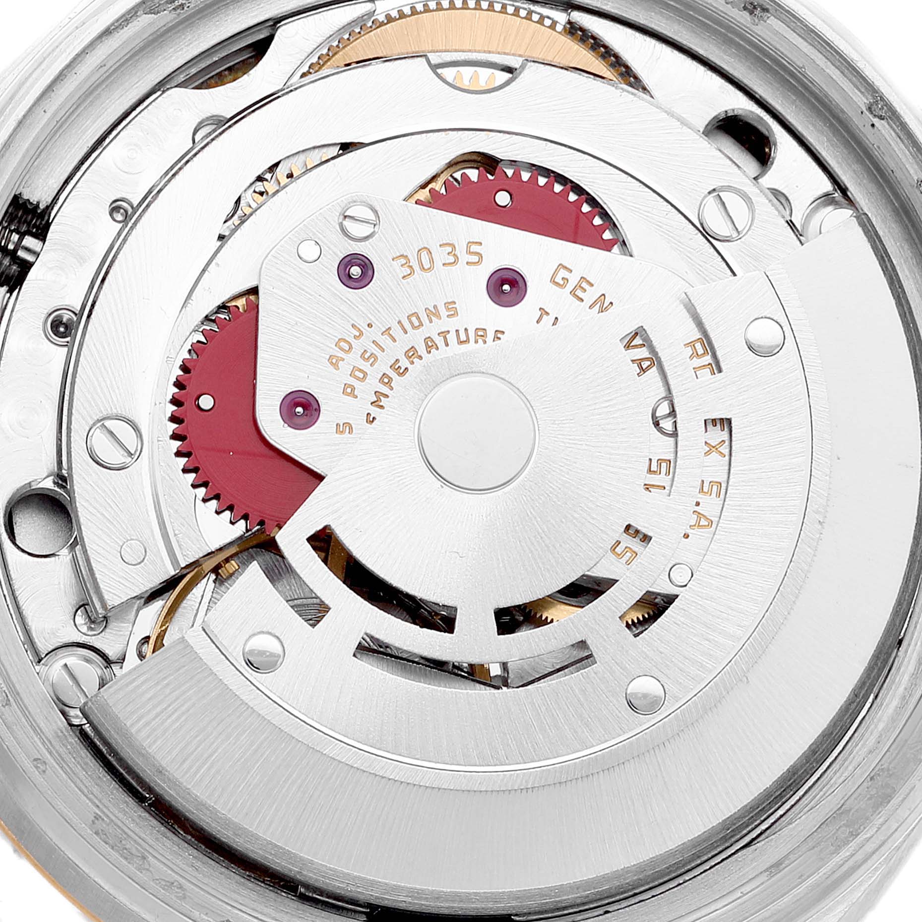 The image shows the detailed internal mechanism of a Rolex Vintage Collection 16013 Men's Steel and Gold (two tone) Champagne Dial 16013 Men's Steel and Gold (two tone) Champagne Dial watch from a close-up angle.