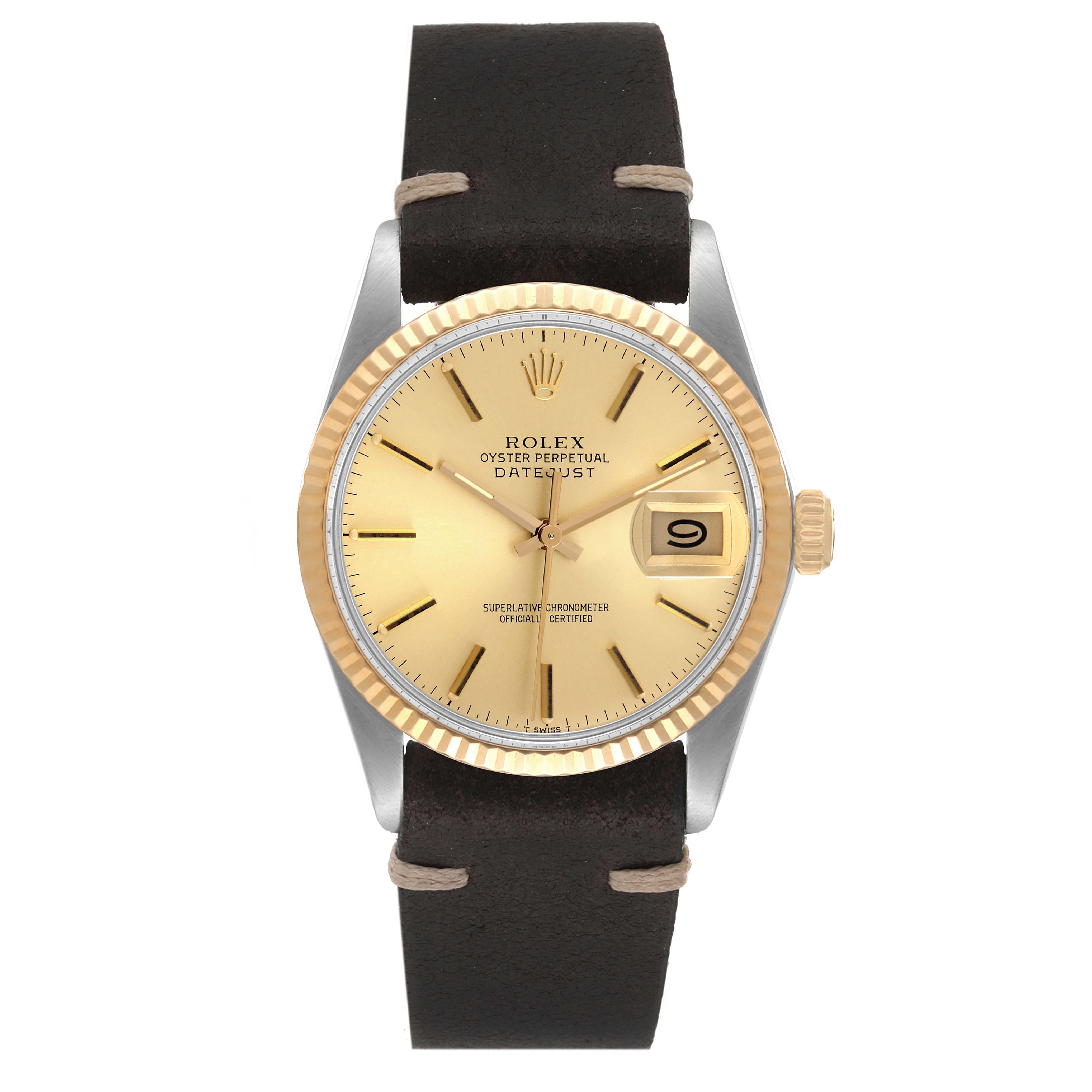 The image shows a frontal view of a Rolex Vintage Collection 16013 Men's Steel and Gold (two tone) Champagne Dial 16013 Men's Steel and Gold (two tone) Champagne Dial Oyster Perpetual Datejust watch with a black strap and a yellow-gold dial.