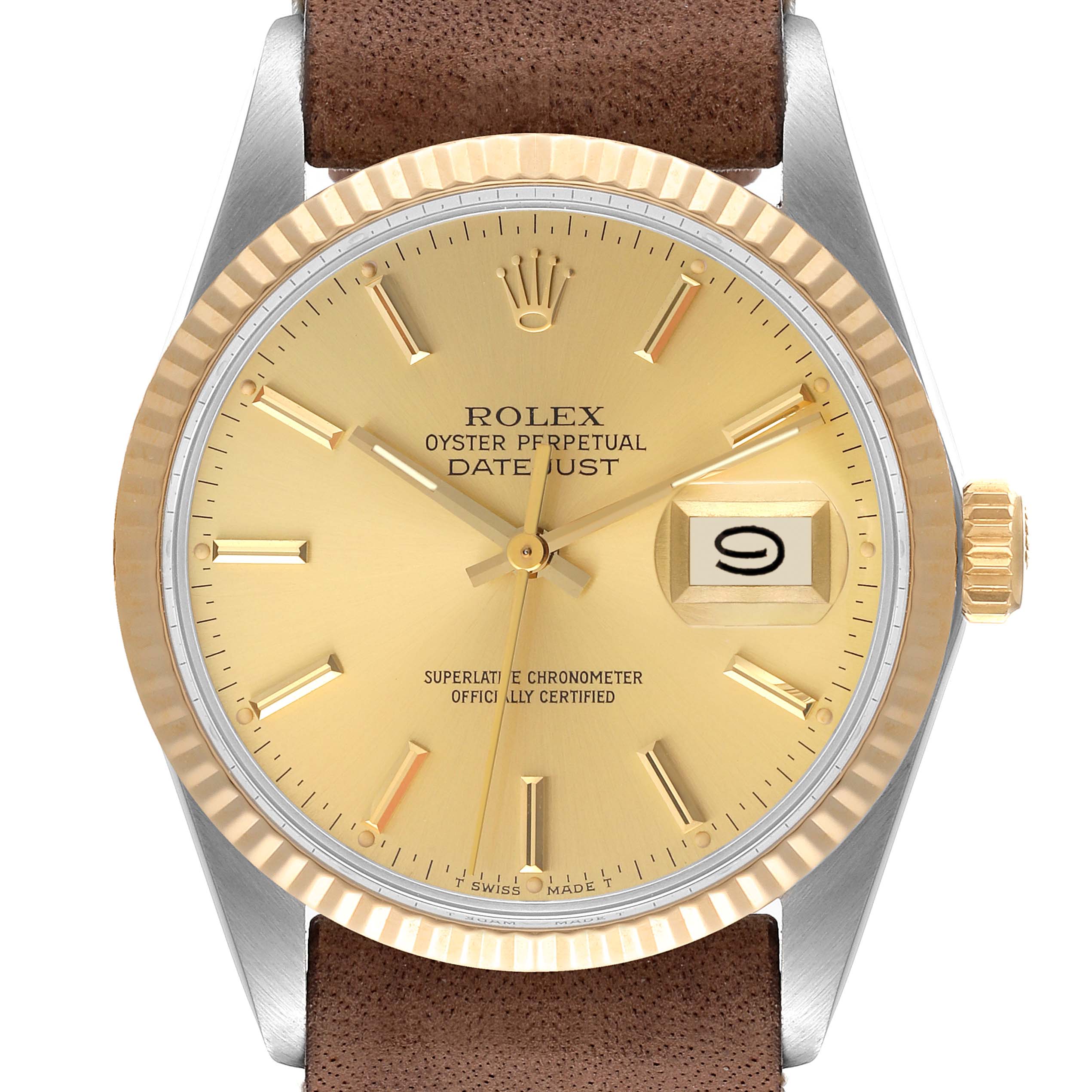 The image shows a frontal view of the Rolex Vintage Collection 16013 Men's Steel and Gold (two tone) Champagne Dial 16013 Men's Steel and Gold (two tone) Champagne Dial Datejust watch, highlighting the dial, bezel, crown, and part of the strap.