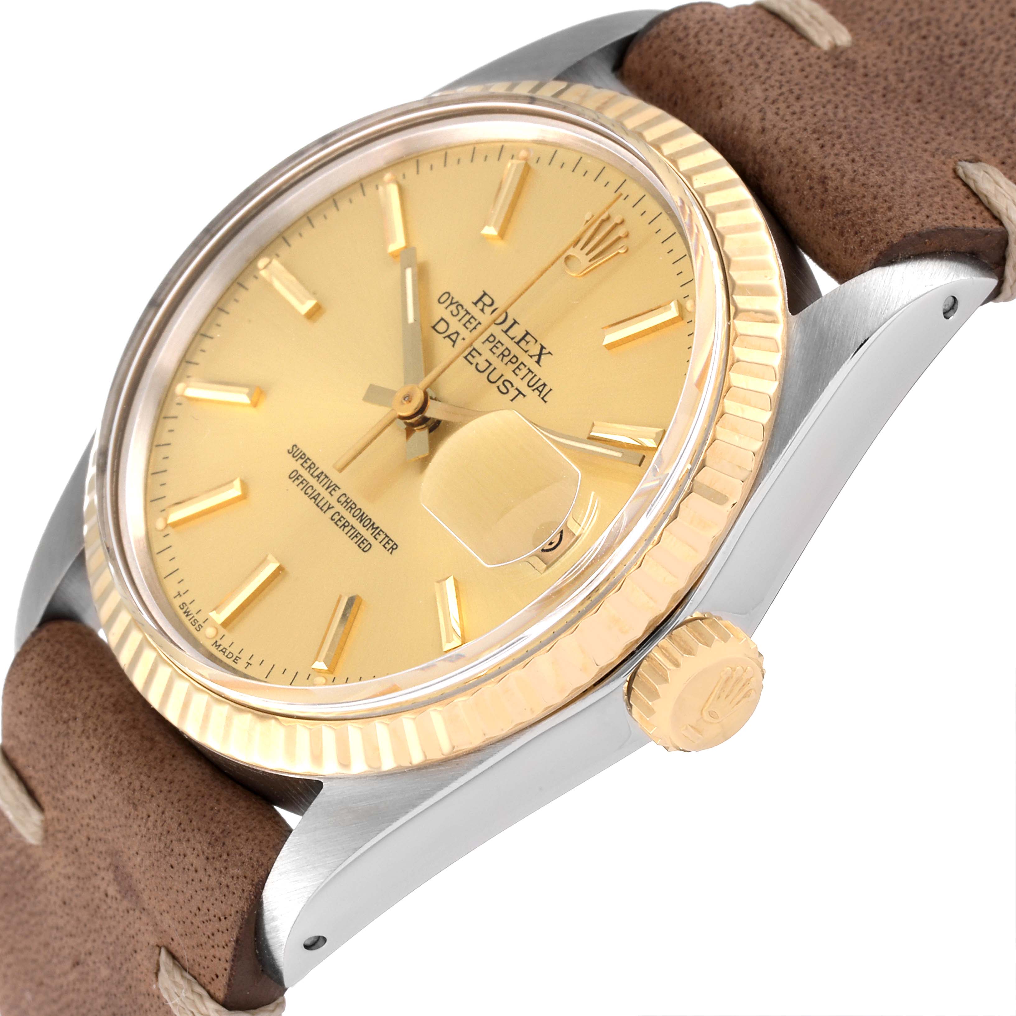 The image shows a close-up angled view of the face and crown of a Rolex Vintage Collection 16013 Men's Steel and Gold (two tone) Champagne Dial 16013 Men's Steel and Gold (two tone) Champagne Dial Oyster Perpetual Datejust watch.
