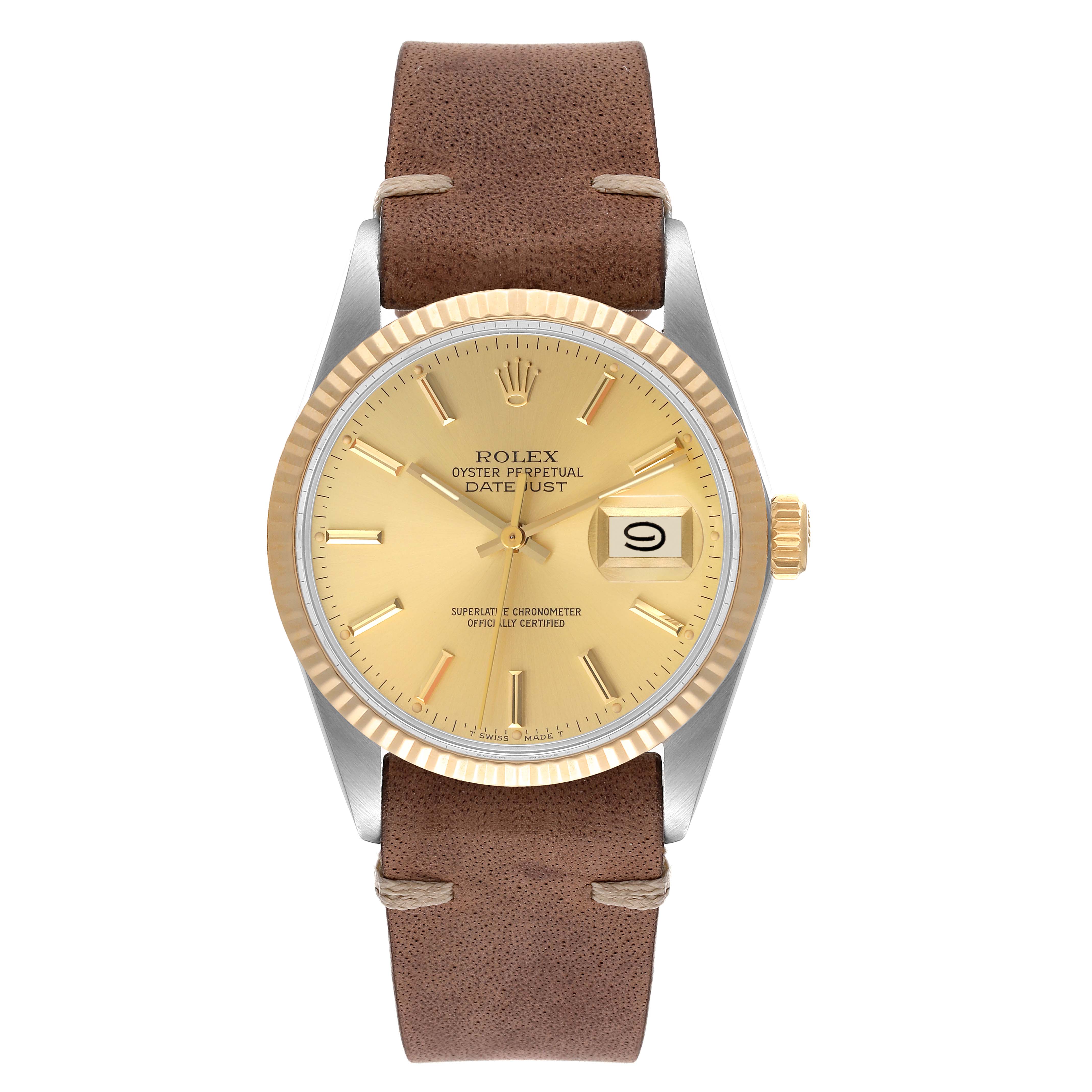 The Rolex Vintage Collection 16013 Men's Steel and Gold (two tone) Champagne Dial 16013 Men's Steel and Gold (two tone) Champagne Dial model is shown from the front, featuring a brown leather strap, gold dial, and fluted bezel.