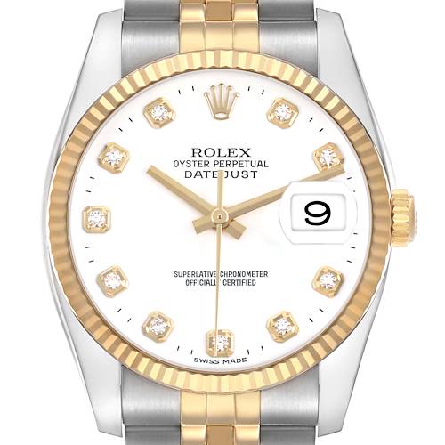 The Rolex Datejust 116233 Men's Steel and Gold (two tone) White Dial watch is shown from the front, displaying the dial, bezel, crown, and part of the bracelet.