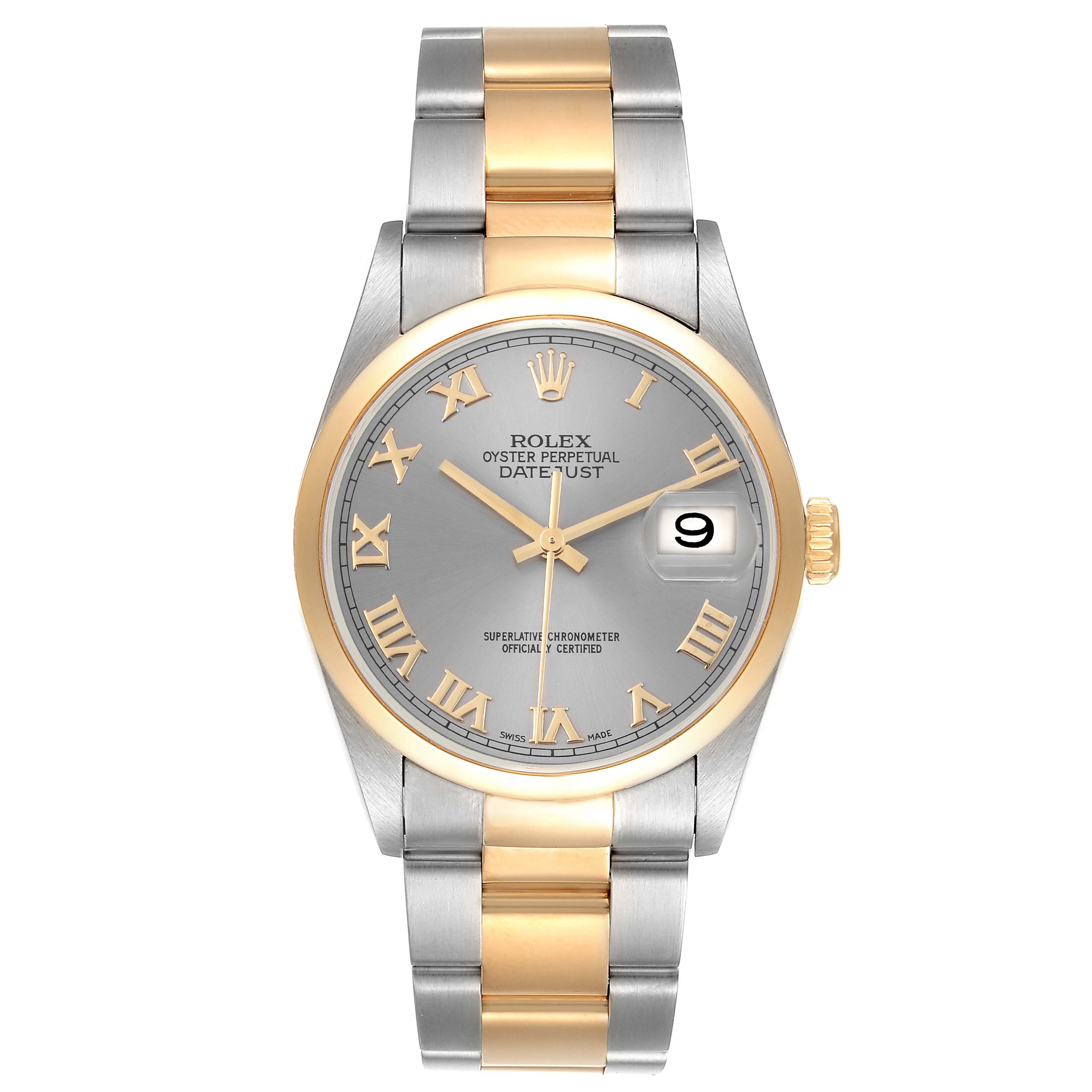 The image shows a front view of a Rolex Datejust 16203 Men's Steel and Gold (two tone) Grey Dial 16203 Men's Steel and Gold (two tone) Grey Dial watch featuring a gold and silver-tone bracelet and a grey dial with Roman numerals.