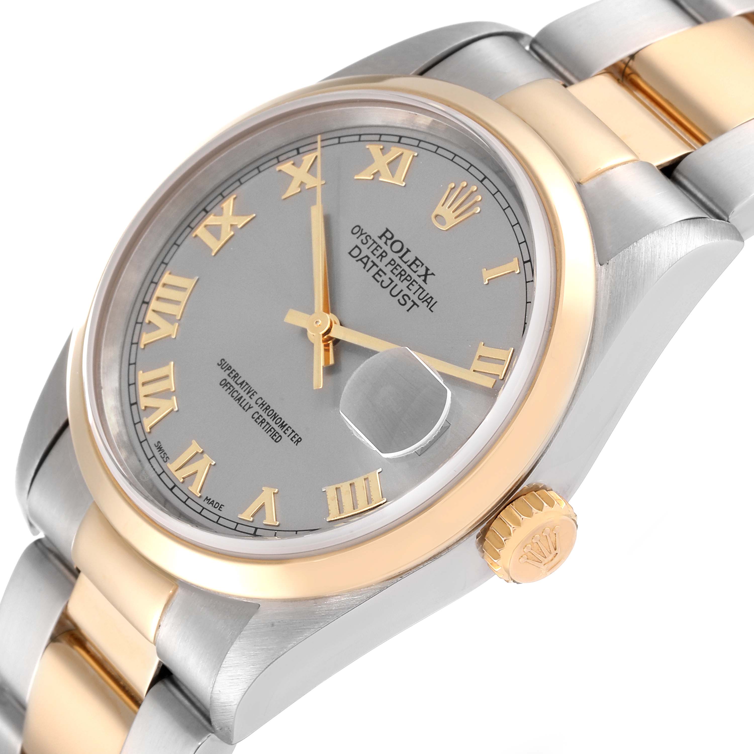 This image shows a side angle of a Rolex Datejust 16203 Men's Steel and Gold (two tone) Grey Dial 16203 Men's Steel and Gold (two tone) Grey Dial, highlighting its dial, bezel, and part of the bracelet.
