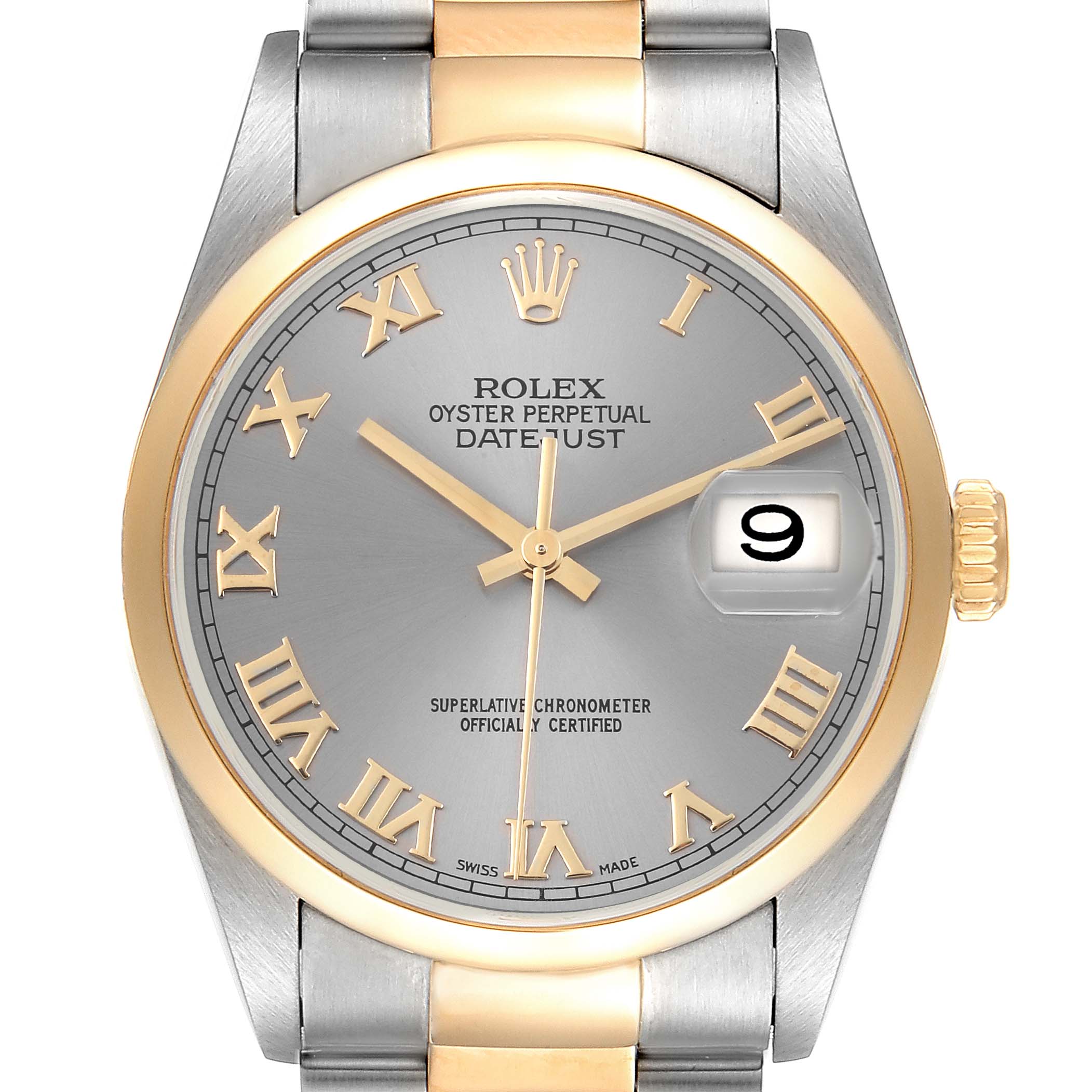 The image shows a front view of the Rolex Datejust 16203 Men's Steel and Gold (two tone) Grey Dial 16203 Men's Steel and Gold (two tone) Grey Dial watch, highlighting its dial, bezel, and bracelet.