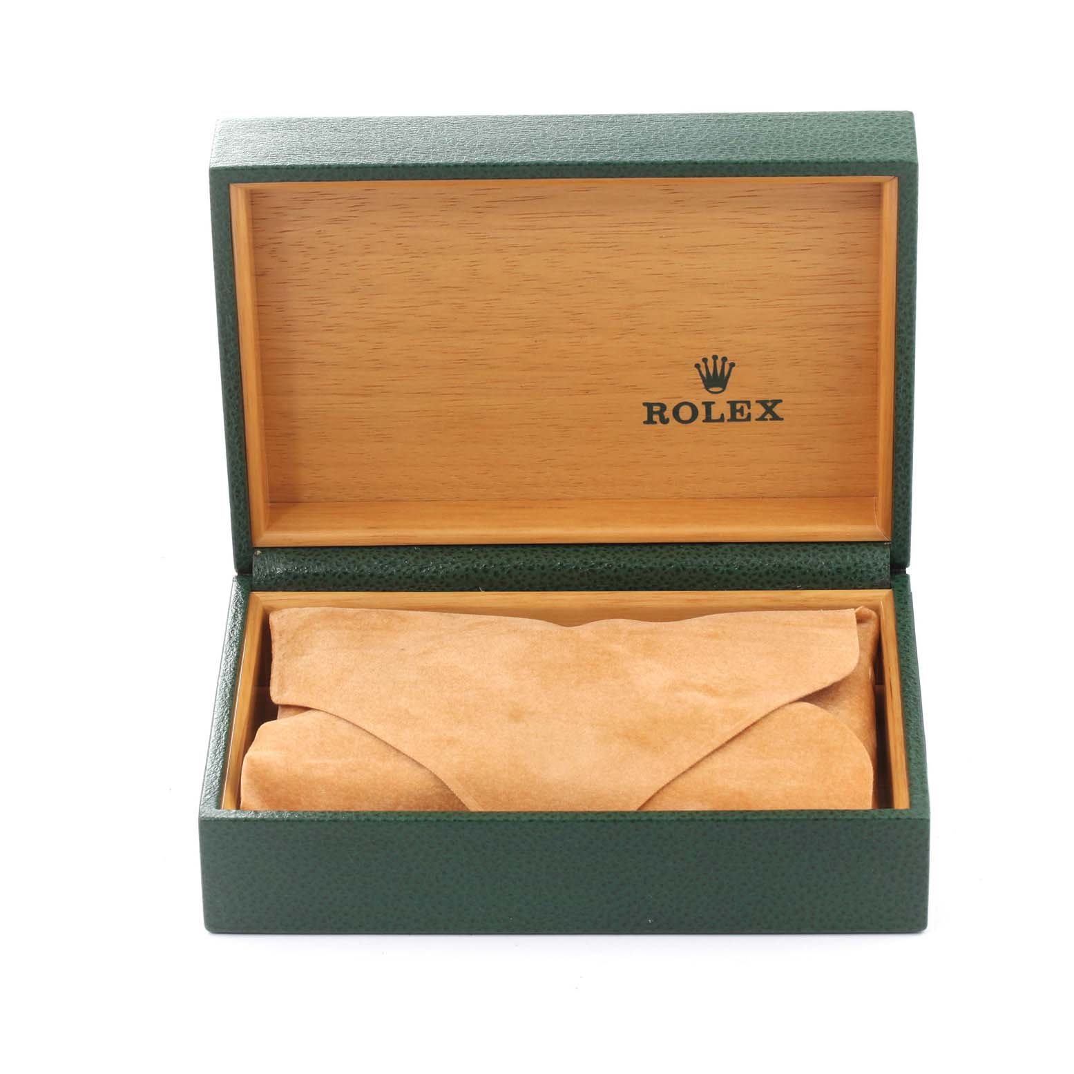 The image shows an open green Rolex box with a Datejust model watch wrapped in a tan suede pouch inside.
