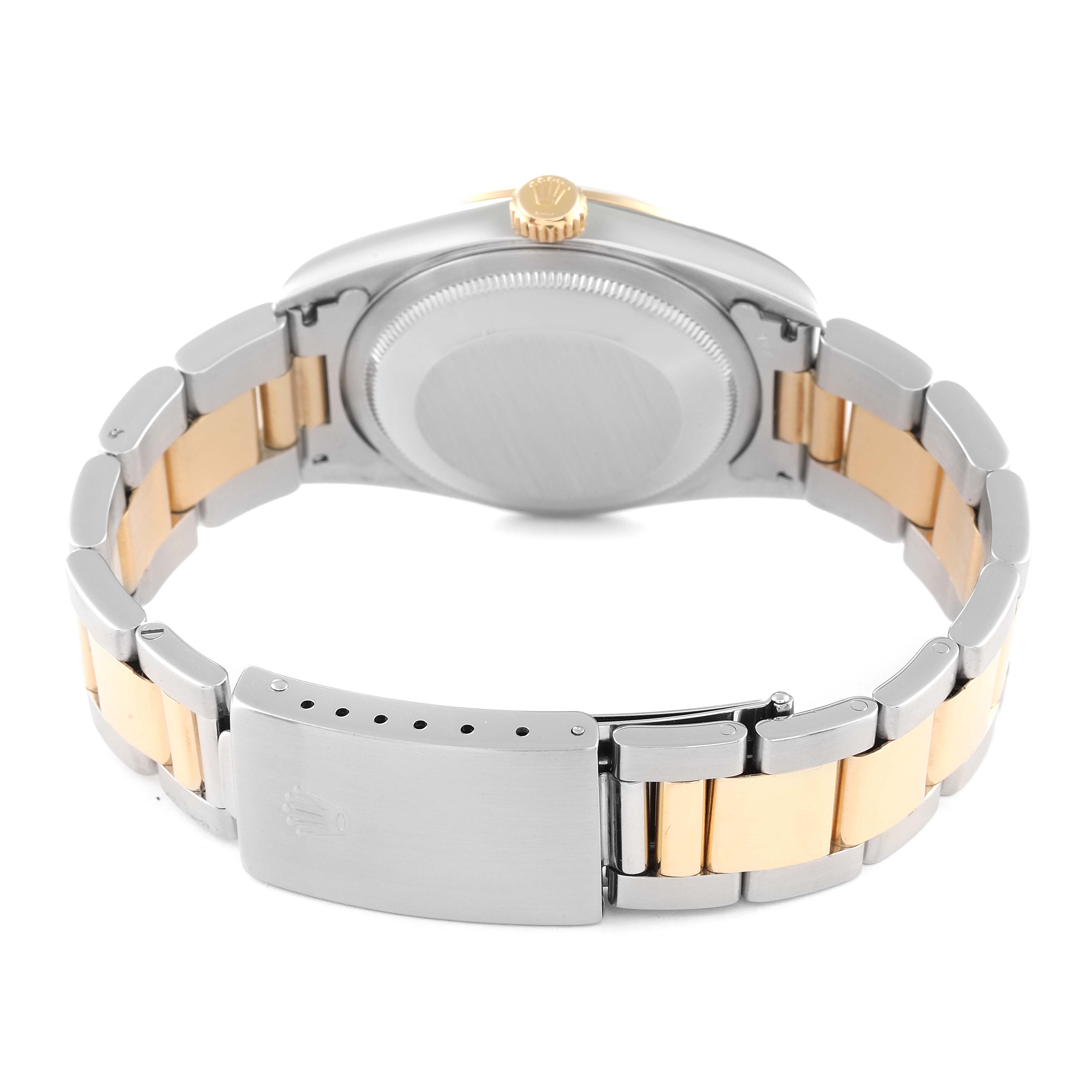 The image shows the backside and band of a Rolex Datejust 16203 Men's Steel and Gold (two tone) Grey Dial 16203 Men's Steel and Gold (two tone) Grey Dial watch, displaying the clasp and crown.