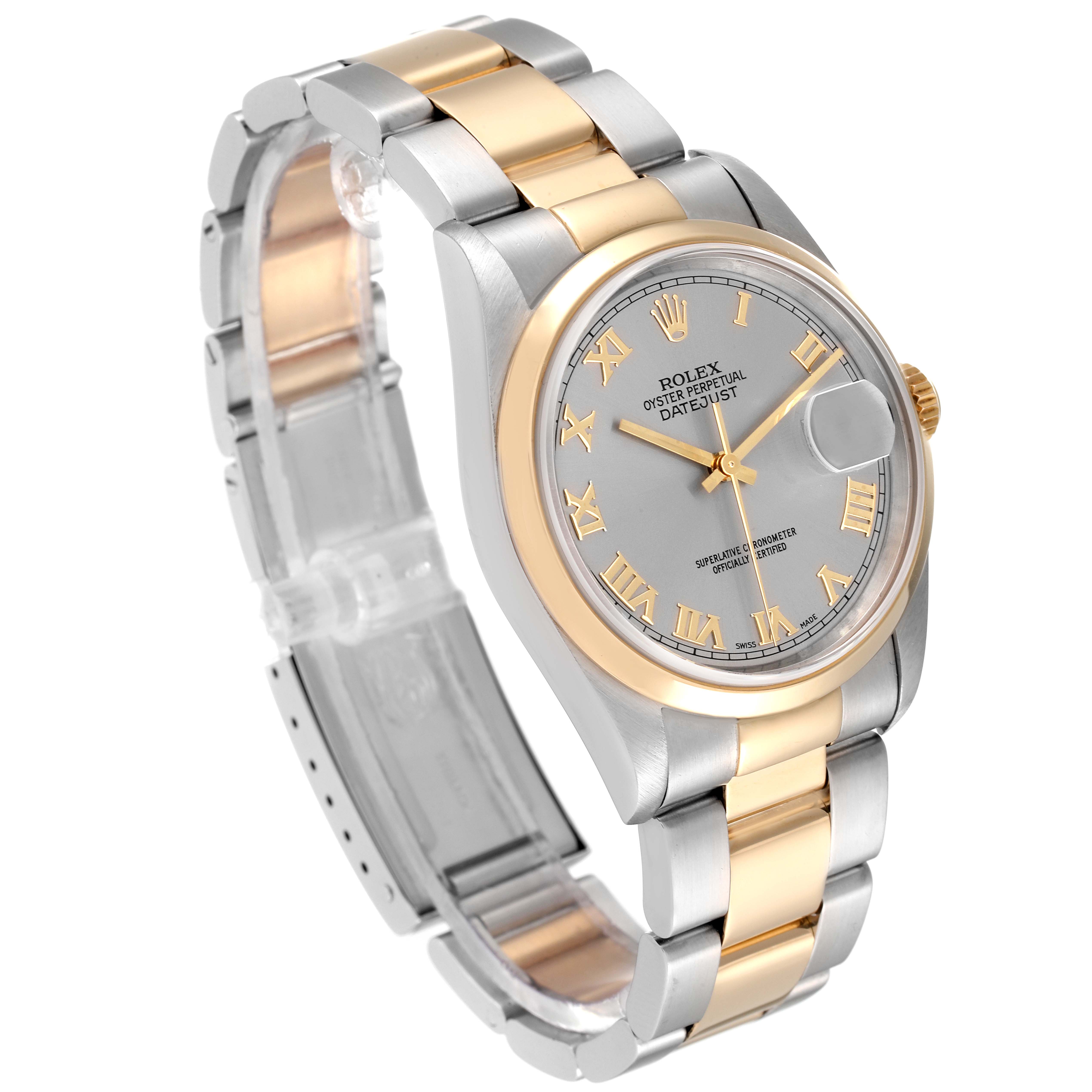 The image shows a Rolex Datejust 16203 Men's Steel and Gold (two tone) Grey Dial 16203 Men's Steel and Gold (two tone) Grey Dial watch at a three-quarter angle, highlighting the dial, bezel, and bracelet.