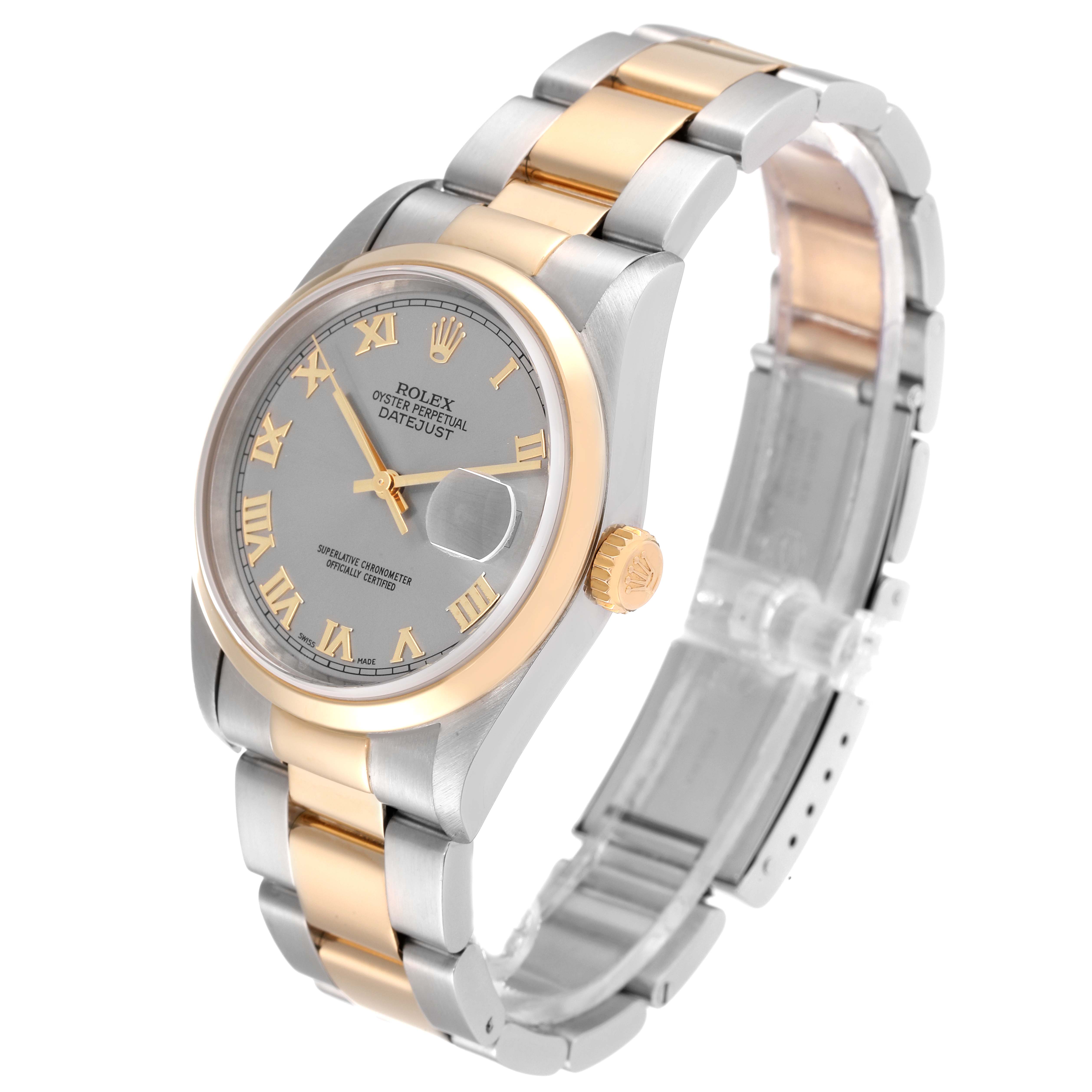 The image shows a Rolex Datejust 16203 Men's Steel and Gold (two tone) Grey Dial 16203 Men's Steel and Gold (two tone) Grey Dial watch from a front-side angle, highlighting its two-tone bracelet, dial, and crown.