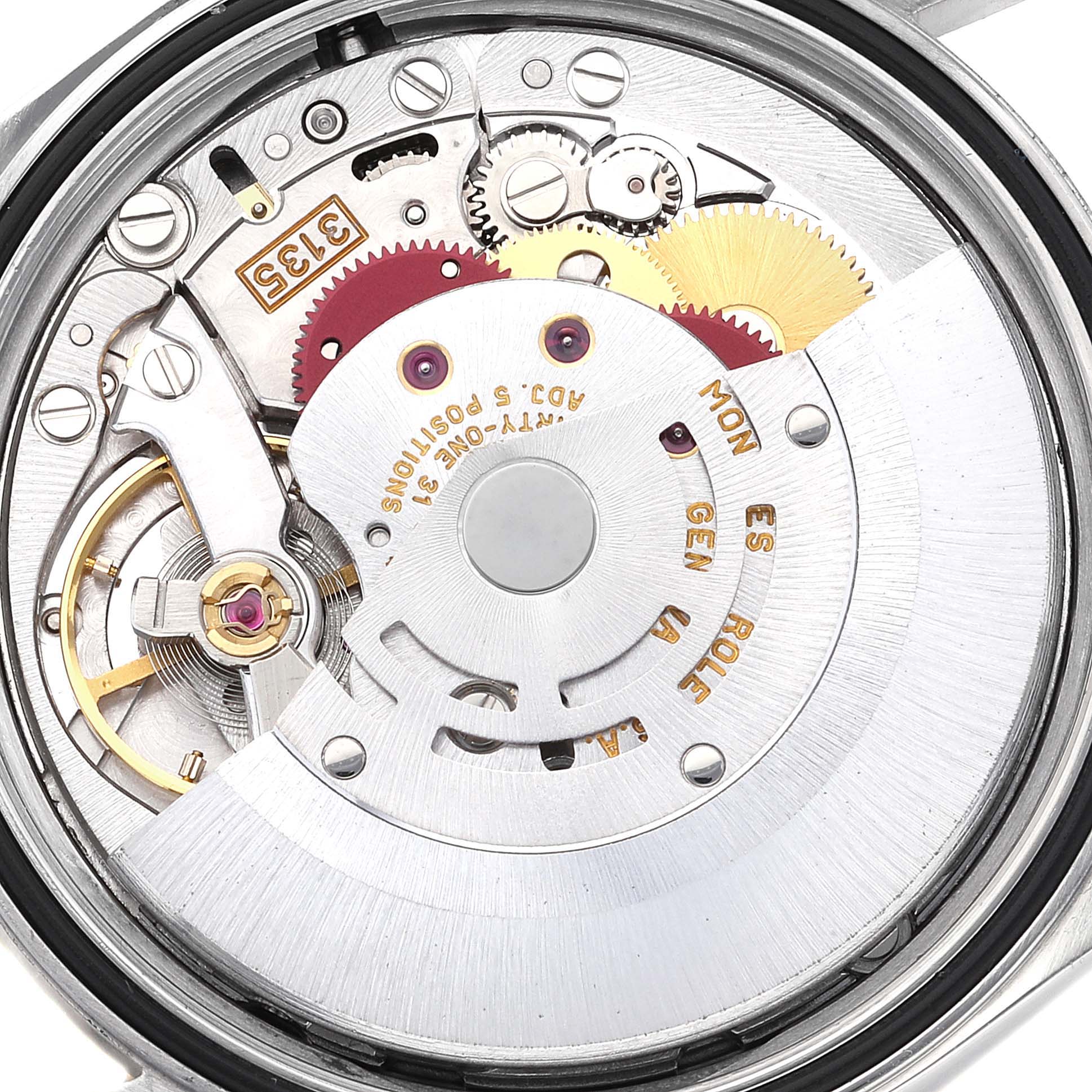 The image shows a close-up view of the movement mechanism inside a Rolex Datejust 16203 Men's Steel and Gold (two tone) Grey Dial 16203 Men's Steel and Gold (two tone) Grey Dial watch.