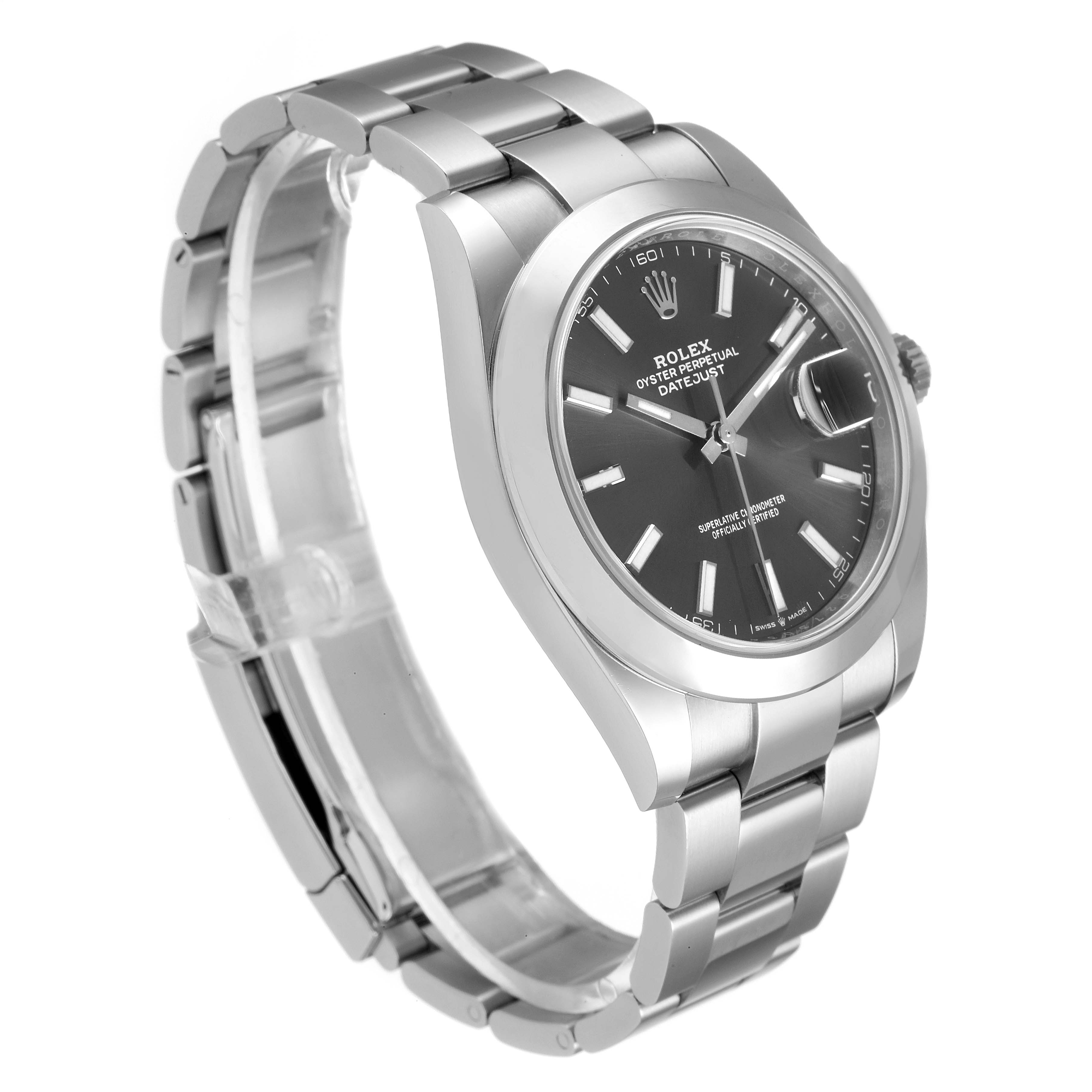 This image shows a Rolex Datejust 41 126300 Men's Stainless Steel Grey Dial 126300 Men's Stainless Steel Grey Dial watch at an angle, highlighting its face, bezel, and bracelet.