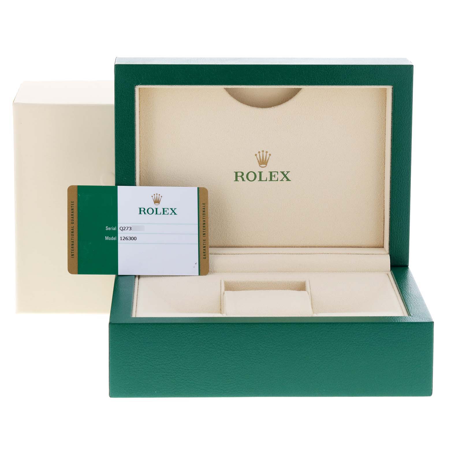 The image shows an open green and beige Rolex Datejust 41 126300 Men's Stainless Steel Grey Dial 126300 Men's Stainless Steel Grey Dial model box with the warranty card in front.