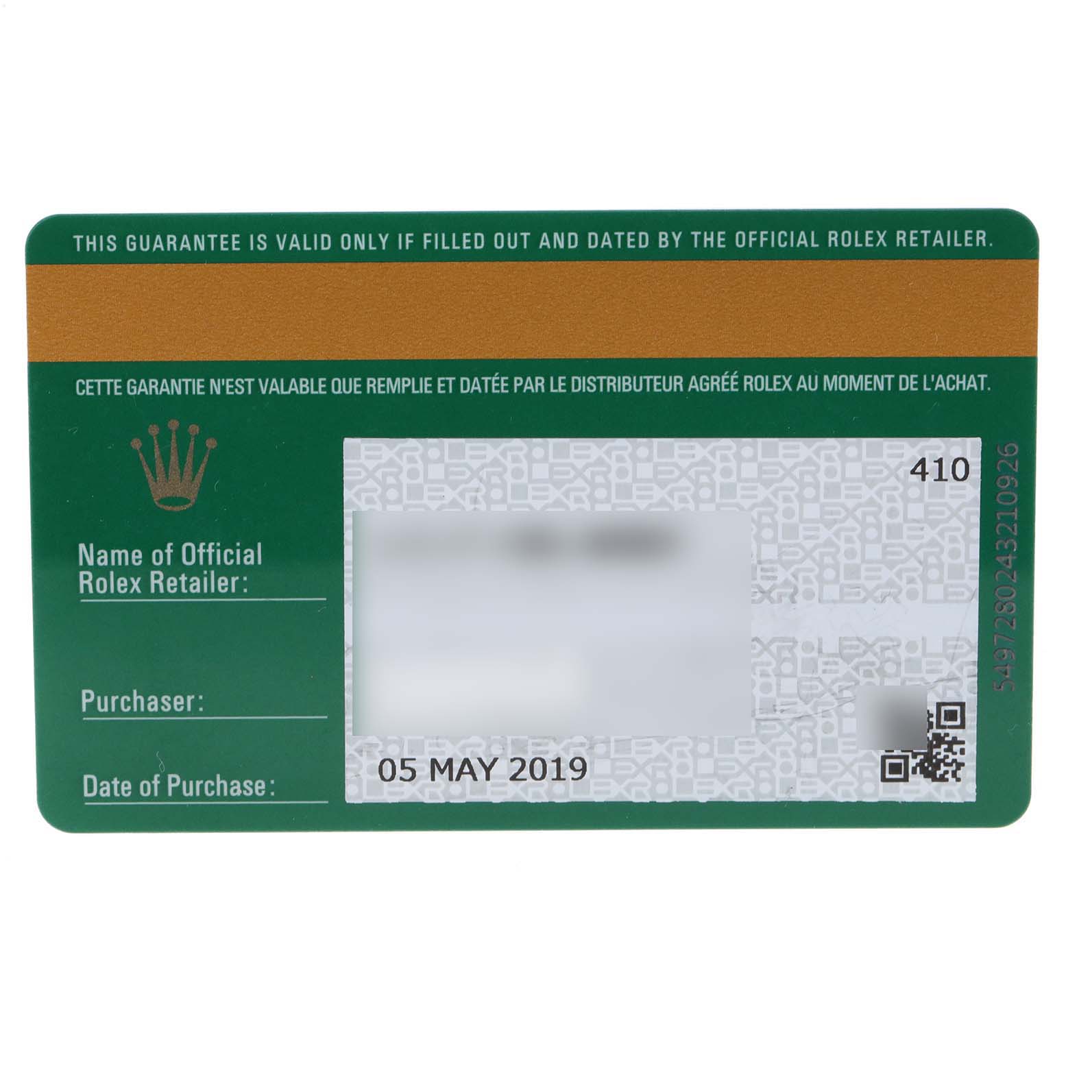 The image shows a warranty card for a Rolex Datejust 41 126300 Men's Stainless Steel Grey Dial 126300 Men's Stainless Steel Grey Dial, including purchase details and retailer information.