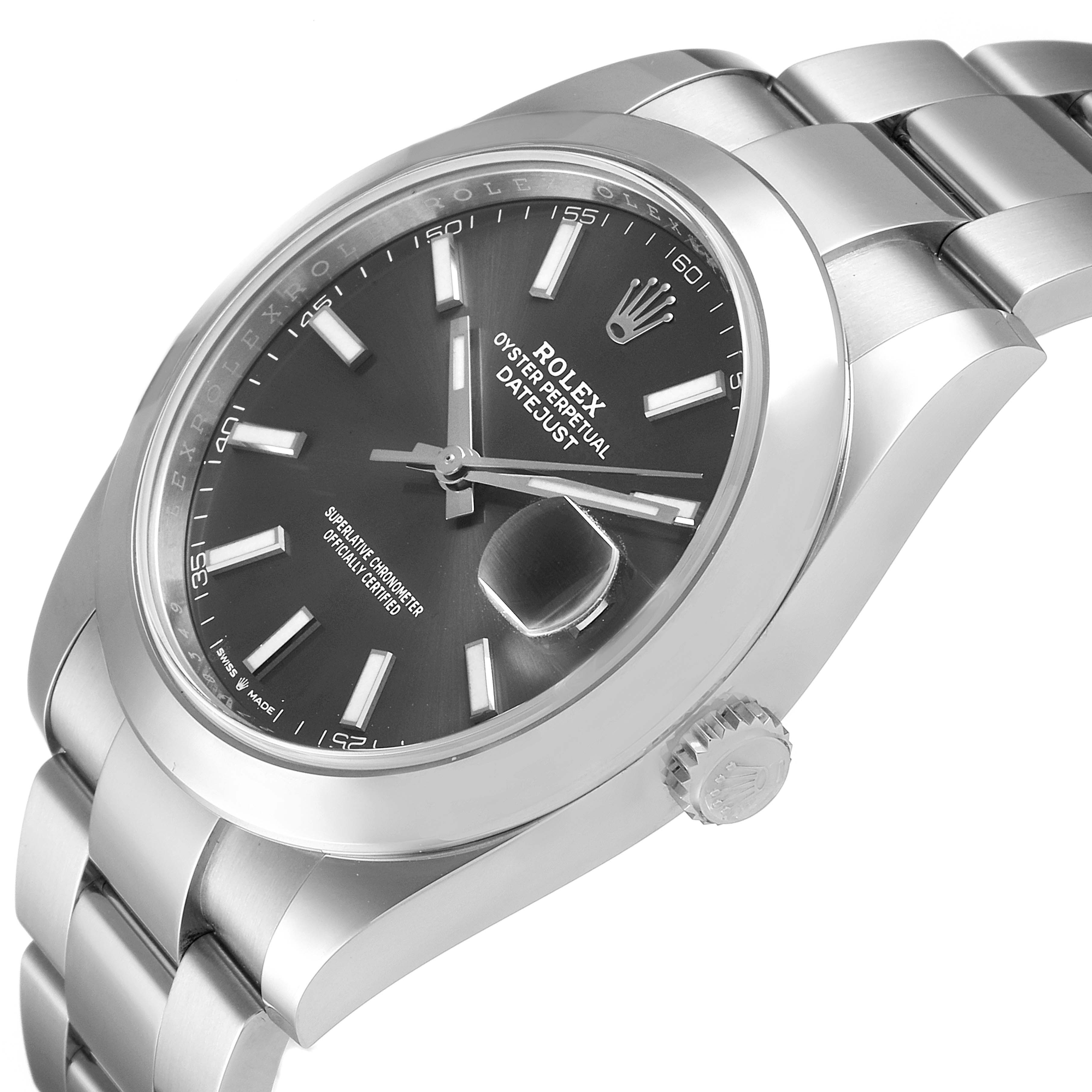 The image shows a side angle of the Rolex Datejust 41 126300 Men's Stainless Steel Grey Dial 126300 Men's Stainless Steel Grey Dial watch, highlighting the dial, bezel, crown, and part of the bracelet.