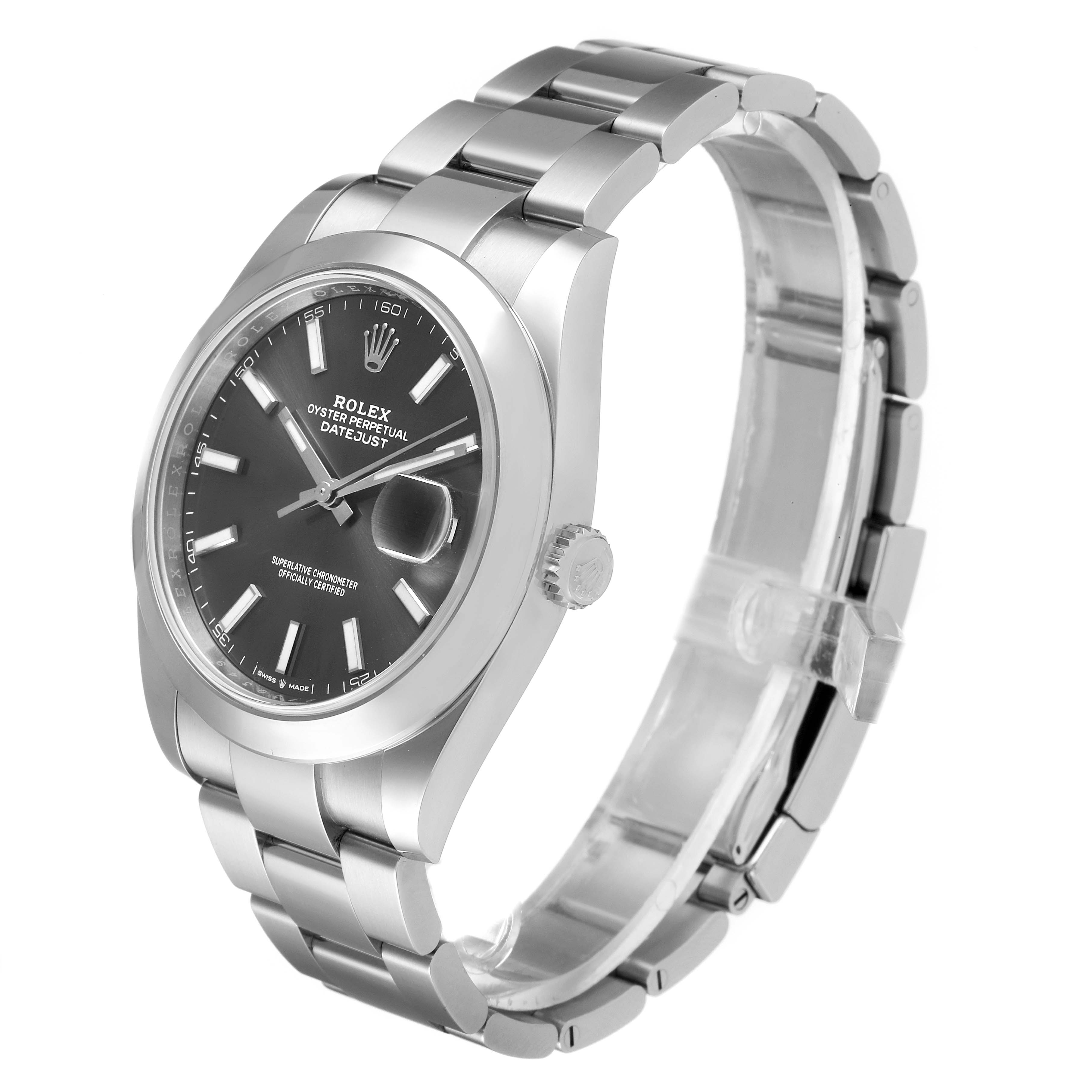 The image shows a side view of the Rolex Datejust 41 126300 Men's Stainless Steel Grey Dial 126300 Men's Stainless Steel Grey Dial watch, highlighting its face, crown, and stainless steel bracelet.