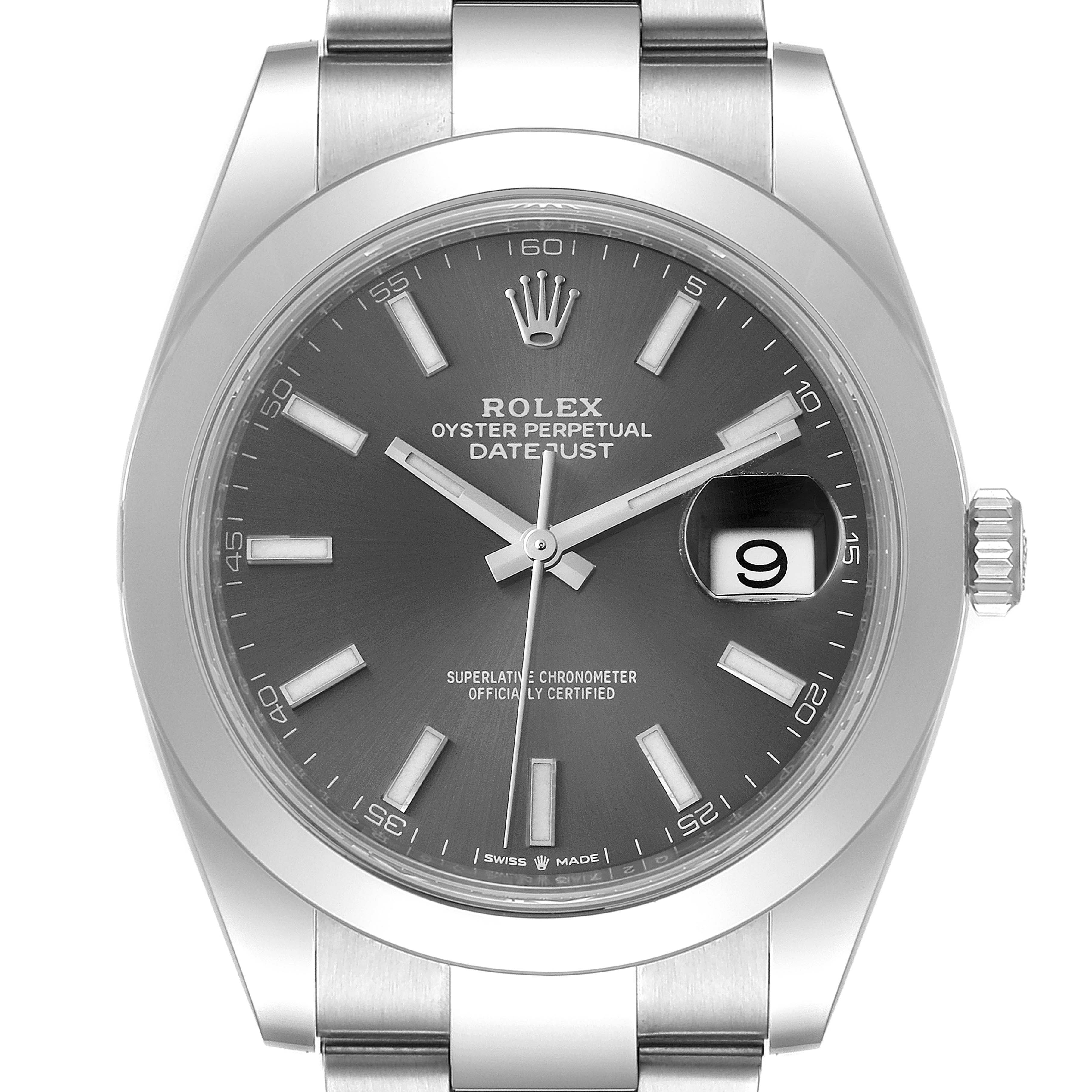 The image shows a front view of the Rolex Datejust 41 126300 Men's Stainless Steel Grey Dial 126300 Men's Stainless Steel Grey Dial model, displaying its dial, hands, crown, and bracelet.