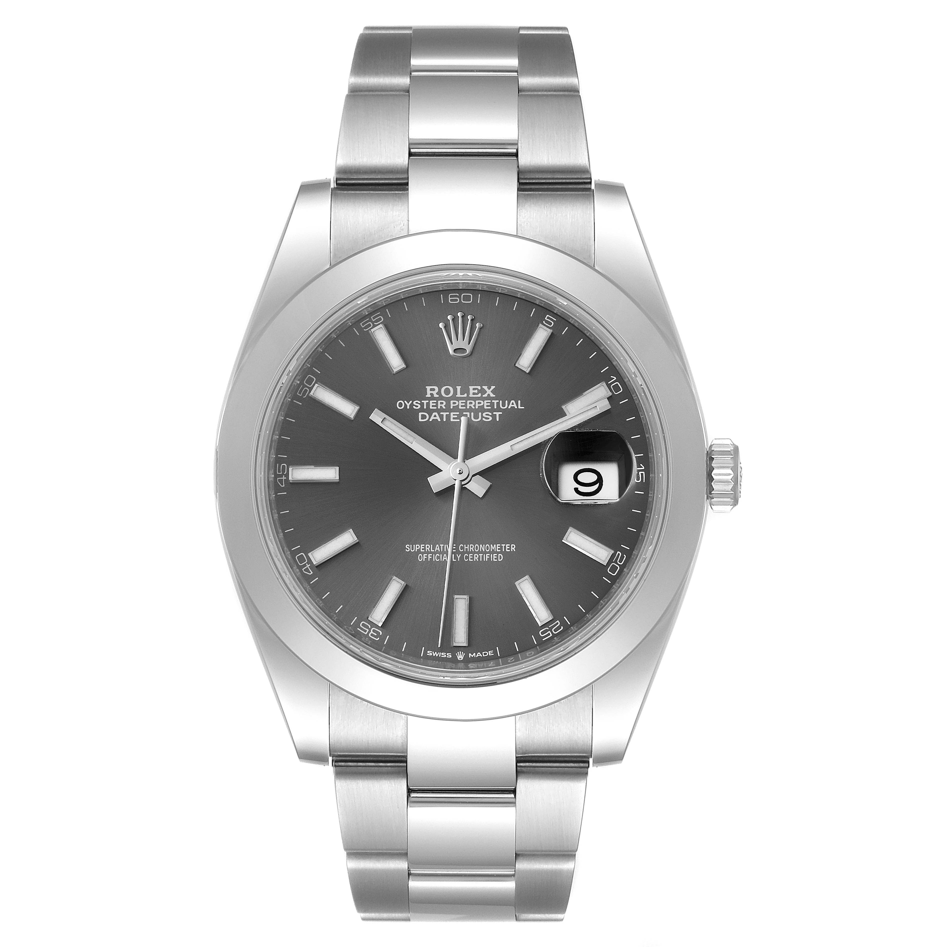 This image shows a front view of the Rolex Datejust 41 126300 Men's Stainless Steel Grey Dial 126300 Men's Stainless Steel Grey Dial watch, displaying its dial, bezel, crown, and bracelet.