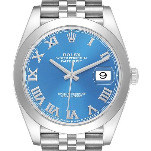 The Rolex Datejust 41 126300 Men's Stainless Steel Black Dial is shown from the front, displaying the blue dial, Roman numerals, and silver bracelet.