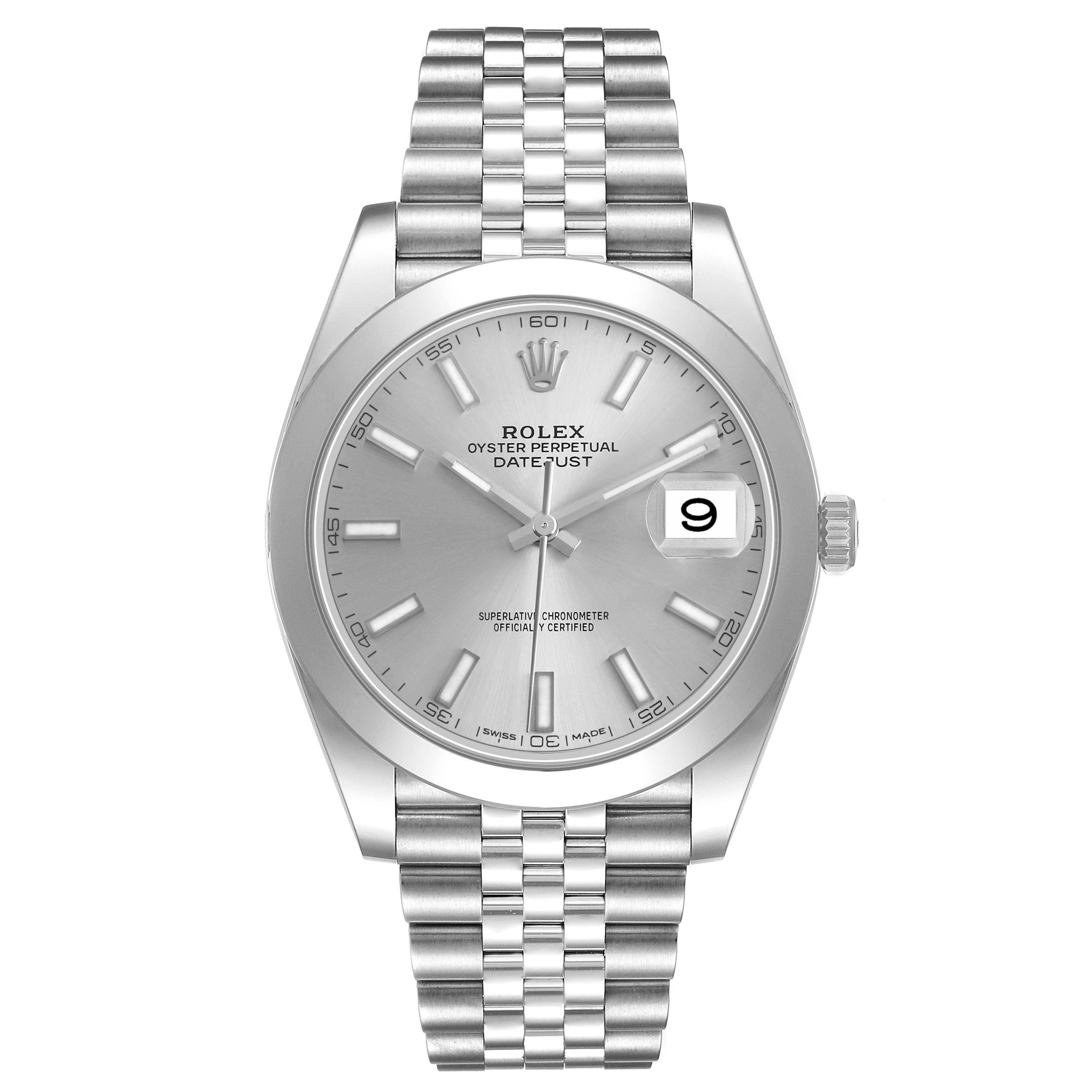 The Rolex Datejust 41 126300 Men's Stainless Steel Silver Dial watch is shown from the front, displaying the dial, hour markers, date window, and bracelet.