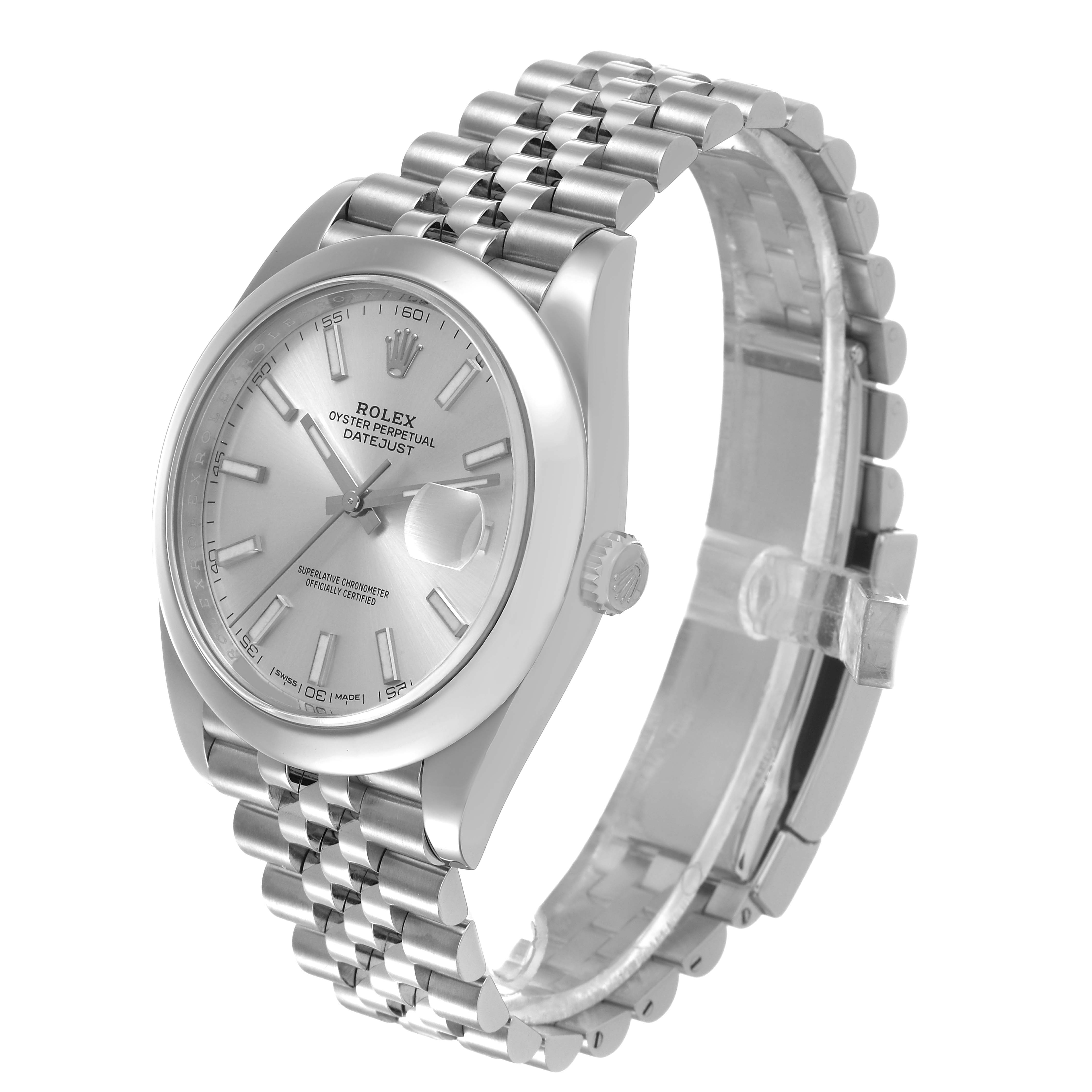 The Rolex Datejust 41 126300 Men's Stainless Steel Silver Dial watch is shown at a three-quarter angle, highlighting the dial, bracelet, and crown.