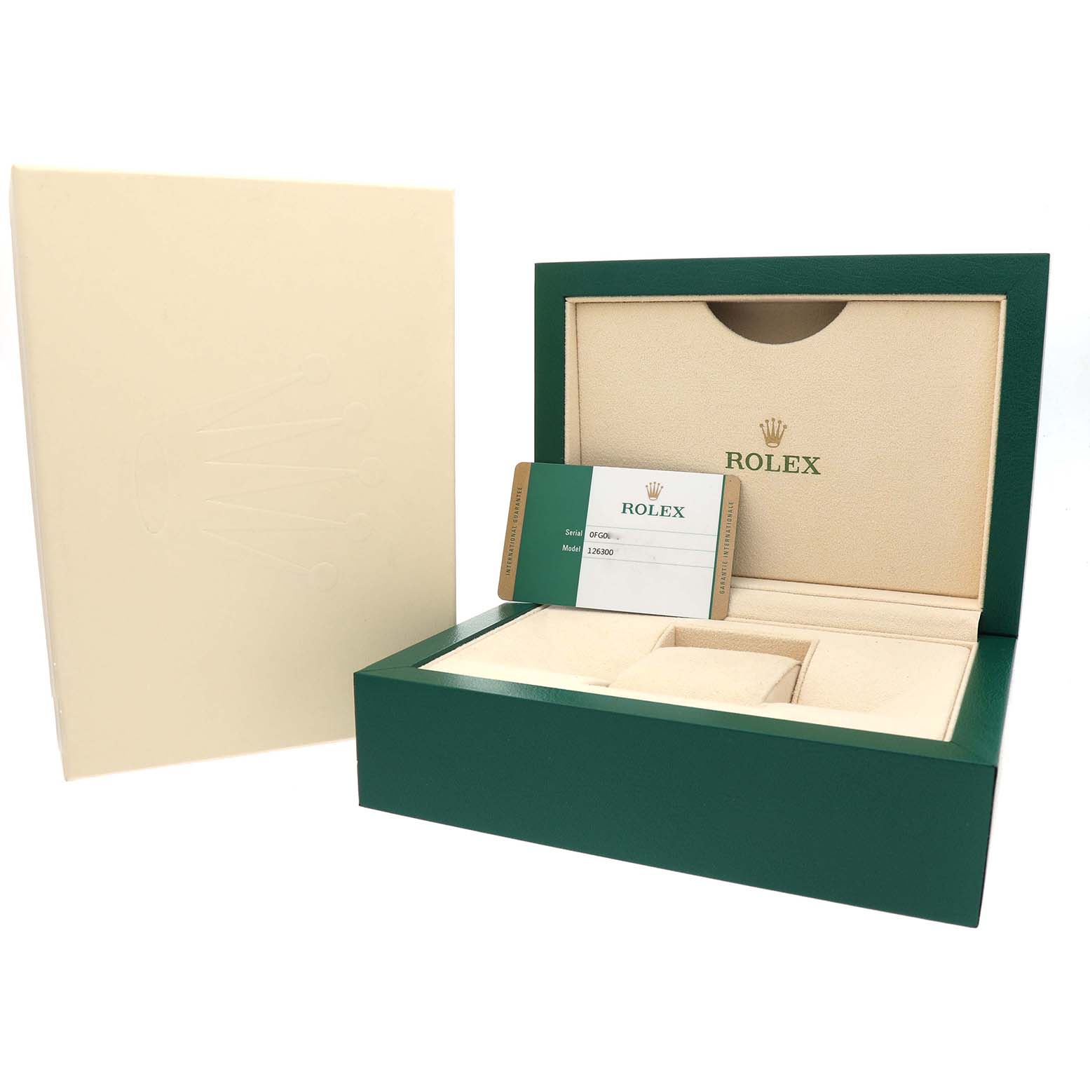 The image shows a Rolex Datejust 41 126300 Men's Stainless Steel Silver Dial packaging with its box, warranty card, and an outer cover.
