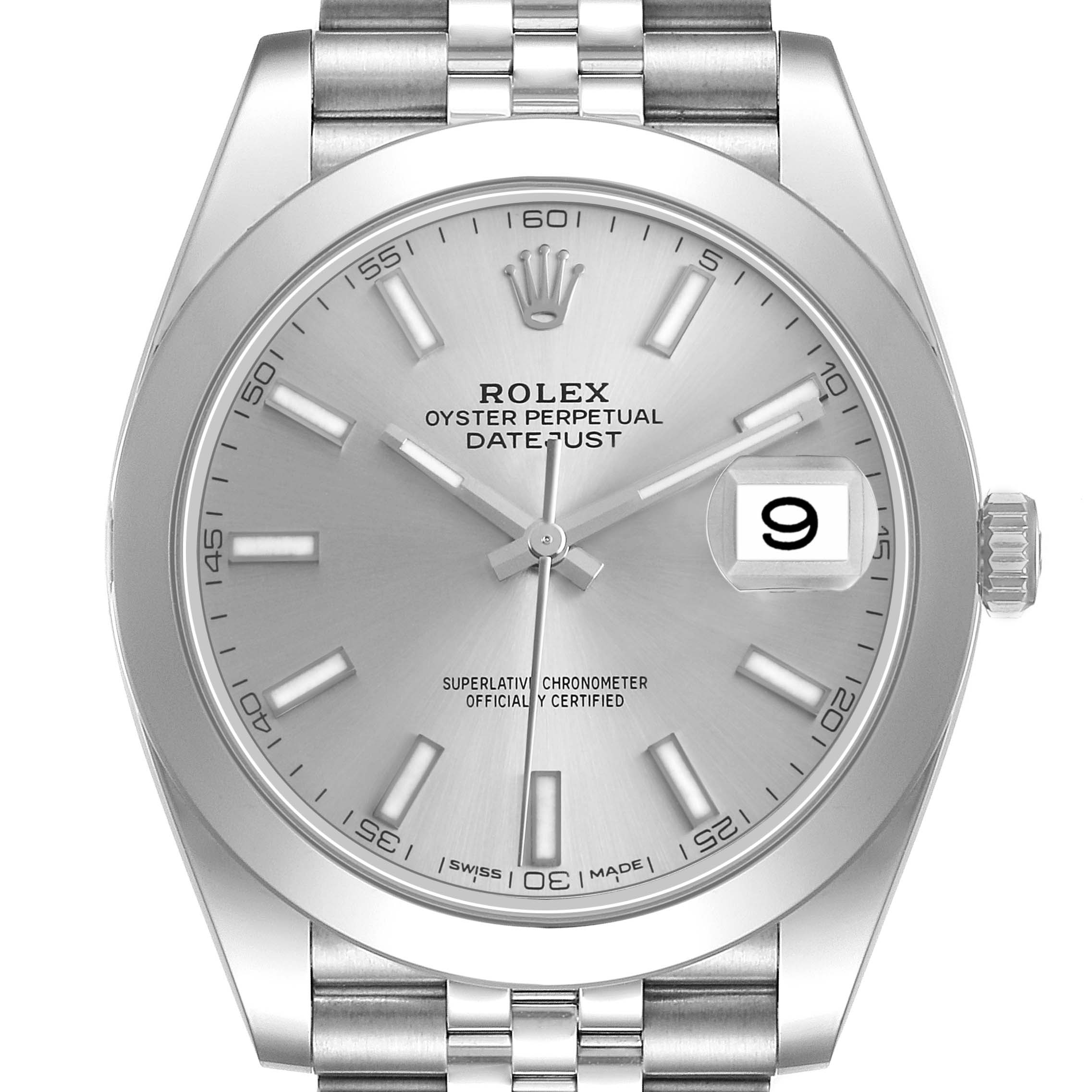 The Rolex Datejust 41 126300 Men's Stainless Steel Silver Dial watch is shown from a front angle, highlighting the dial, bezel, bracelet, and date window.