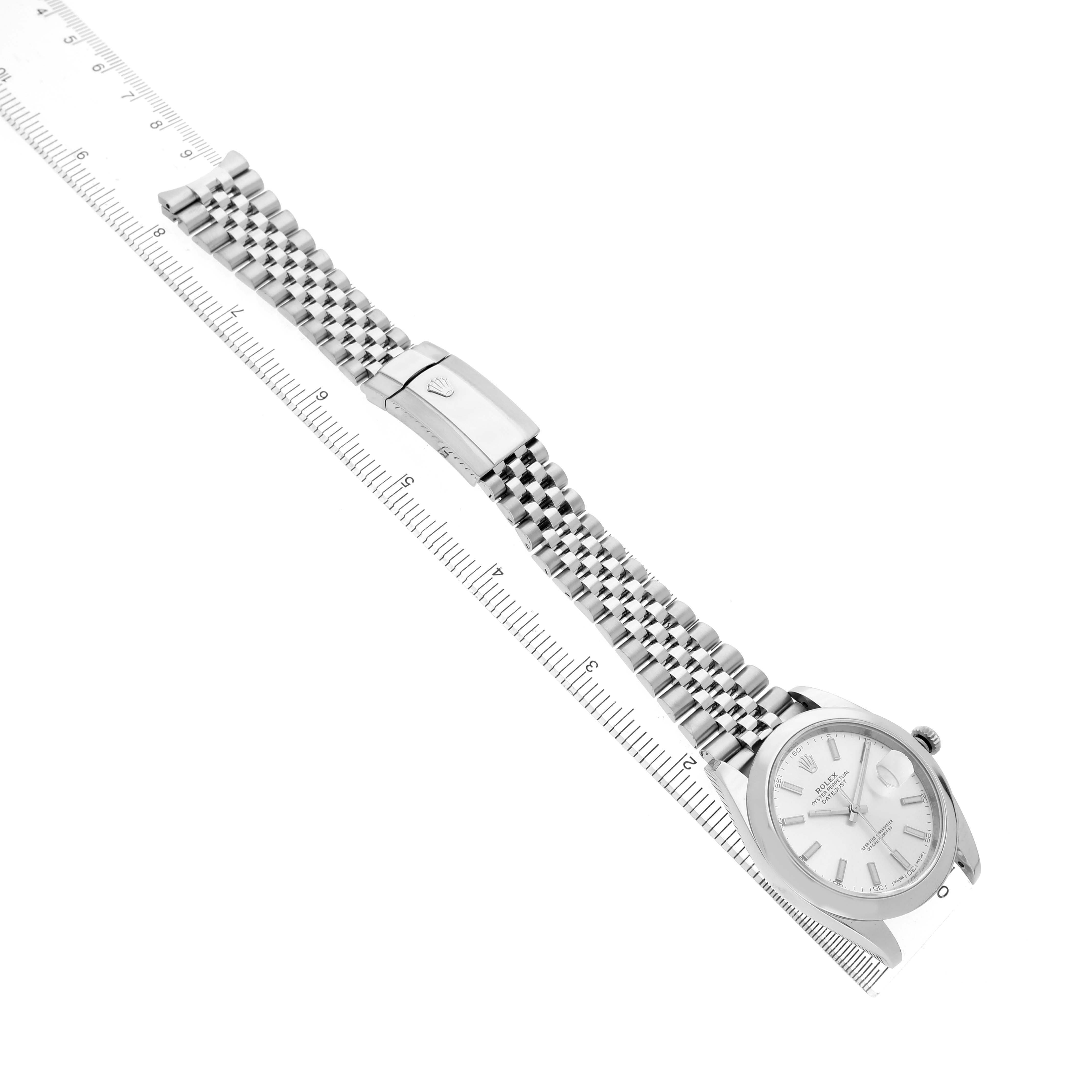 The Rolex Datejust 41 126300 Men's Stainless Steel Silver Dial is shown at a diagonal angle, highlighting the face and Jubilee bracelet with clasp.