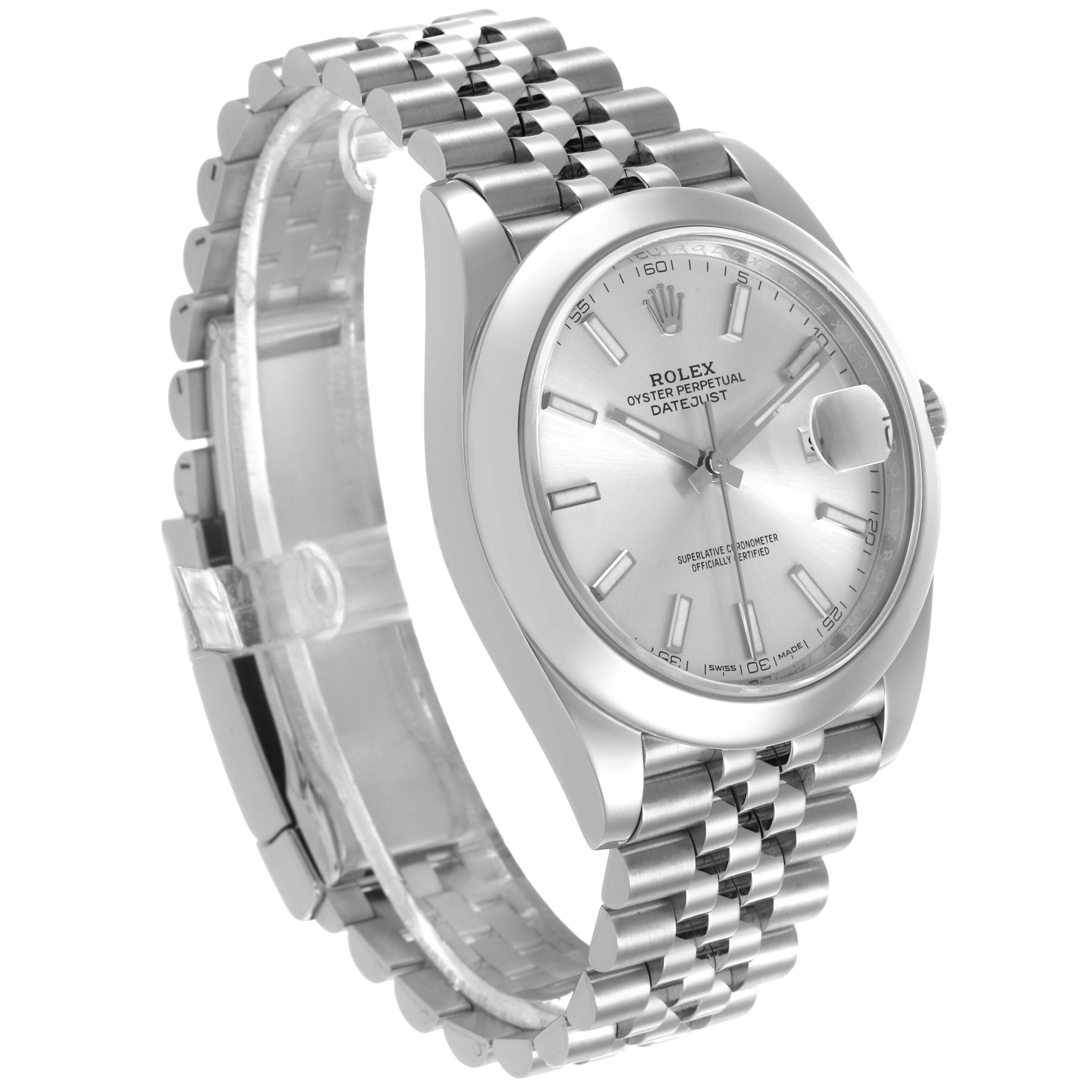 The Rolex Datejust 41 126300 Men's Stainless Steel Silver Dial watch is shown at a three-quarter angle, highlighting its face, bezel, and jubilee bracelet.