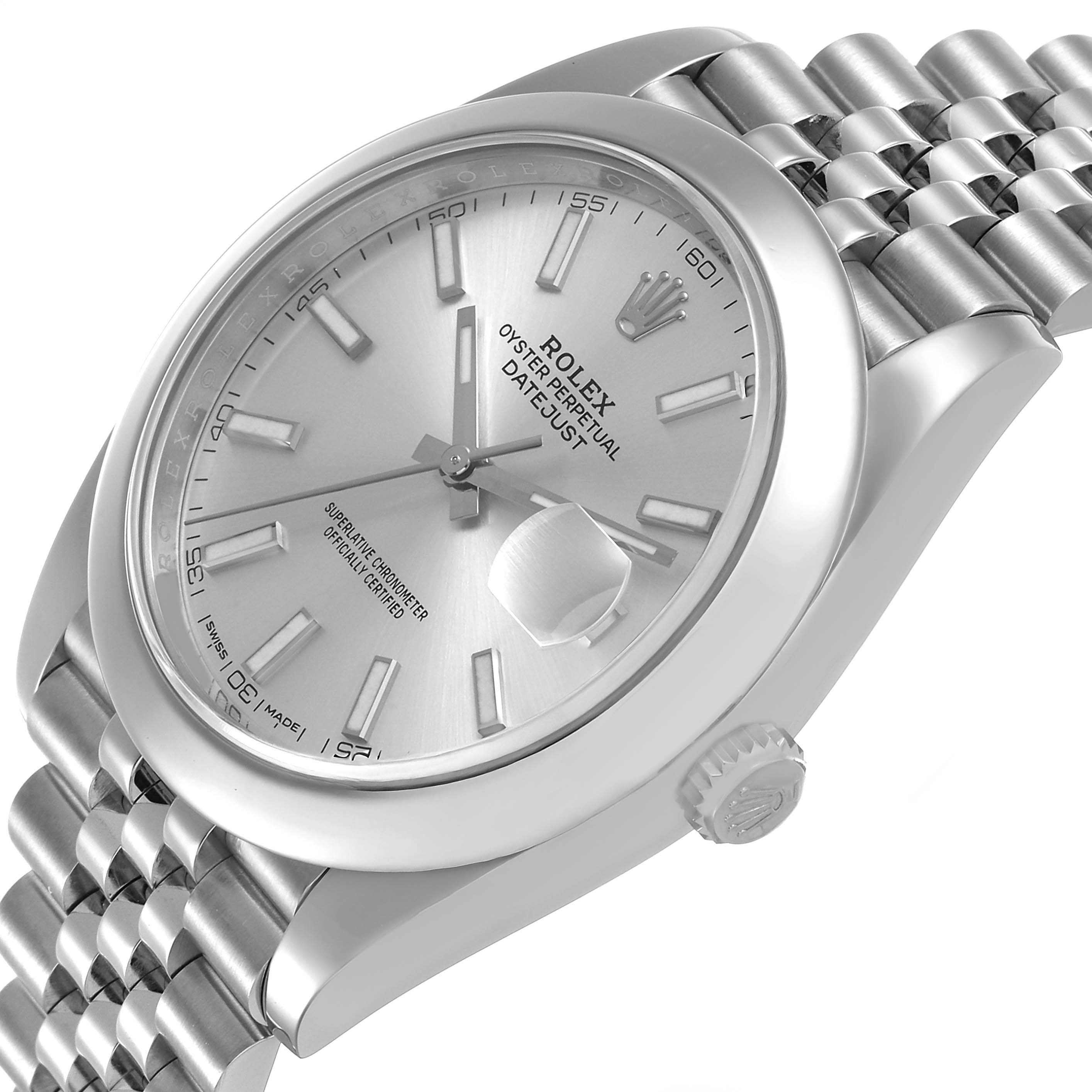 The Rolex Datejust 41 126300 Men's Stainless Steel Silver Dial model is shown from a three-quarter angle, highlighting the dial, bezel, and Jubilee bracelet.