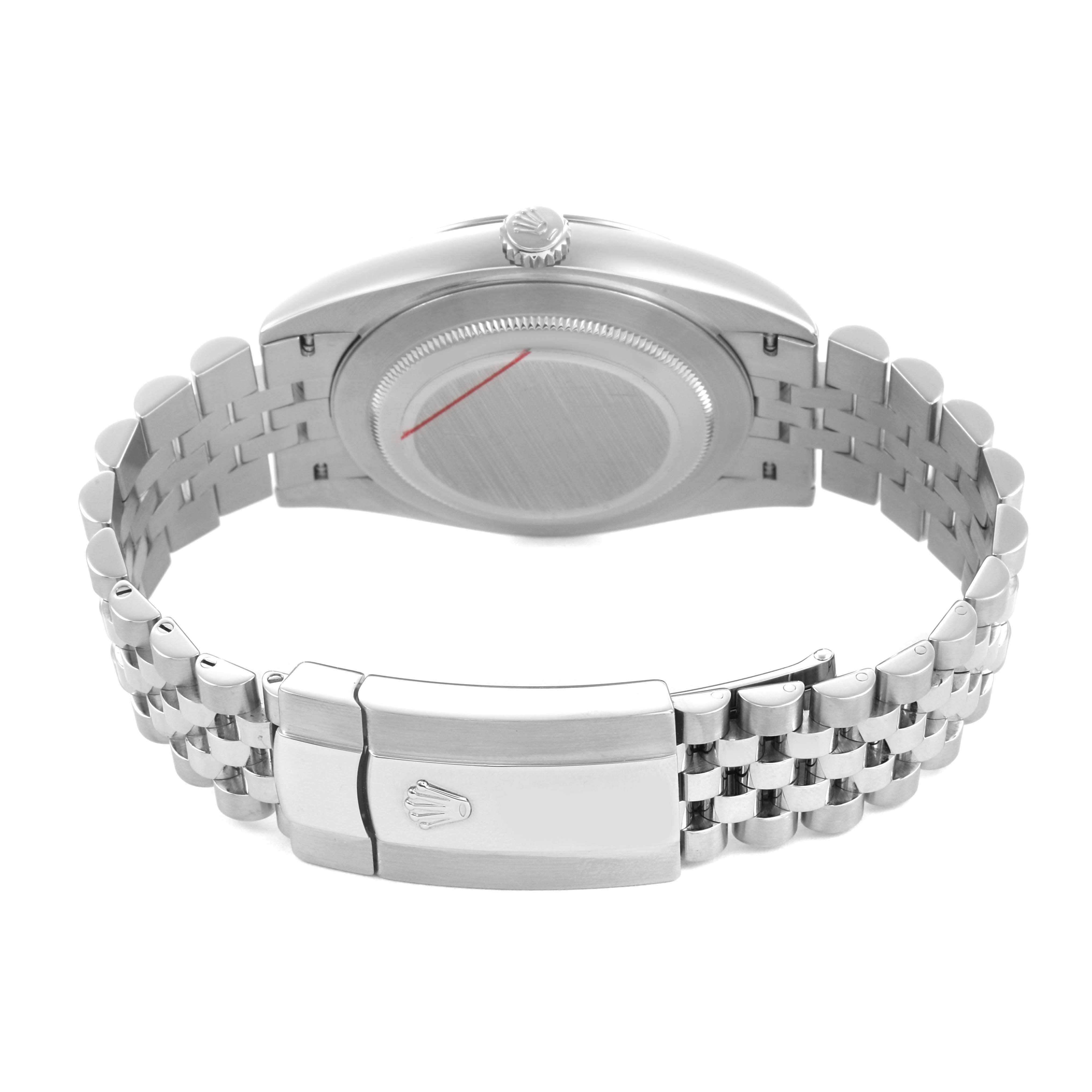 The image shows the back view of a Rolex Datejust 41 126300 Men's Stainless Steel Silver Dial, highlighting the case back and jubilee bracelet with clasp.