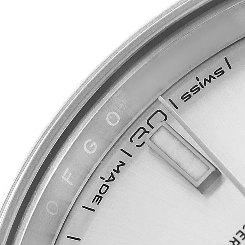 The image shows a close-up of the dial edge and index marker of the Rolex Datejust 41 126300 Men's Stainless Steel Silver Dial, highlighting the "Swiss Made" text.