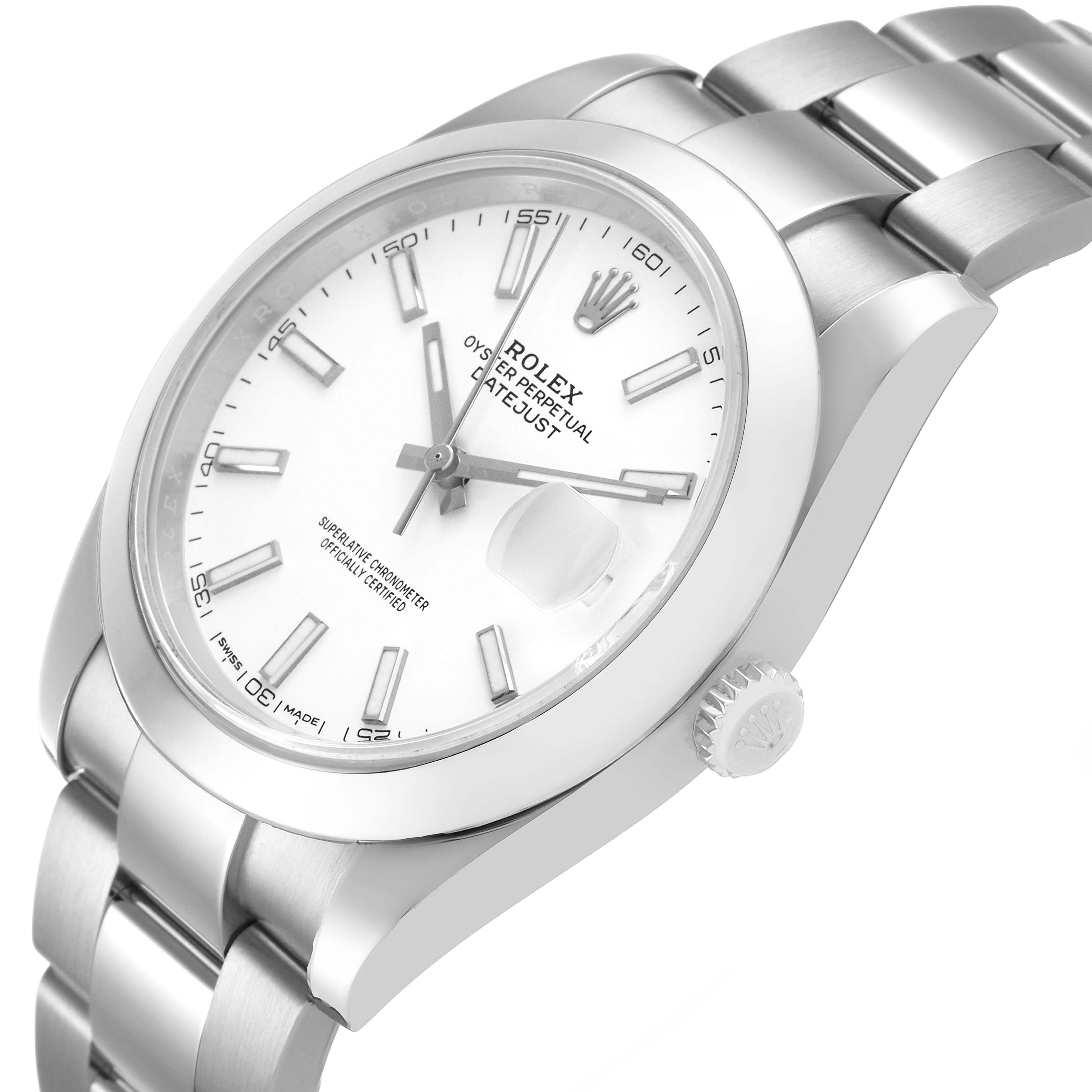 The Rolex Datejust 41 126300 Men's Stainless Steel White Dial is shown at an angle displaying the face, bezel, crown, and part of the bracelet.