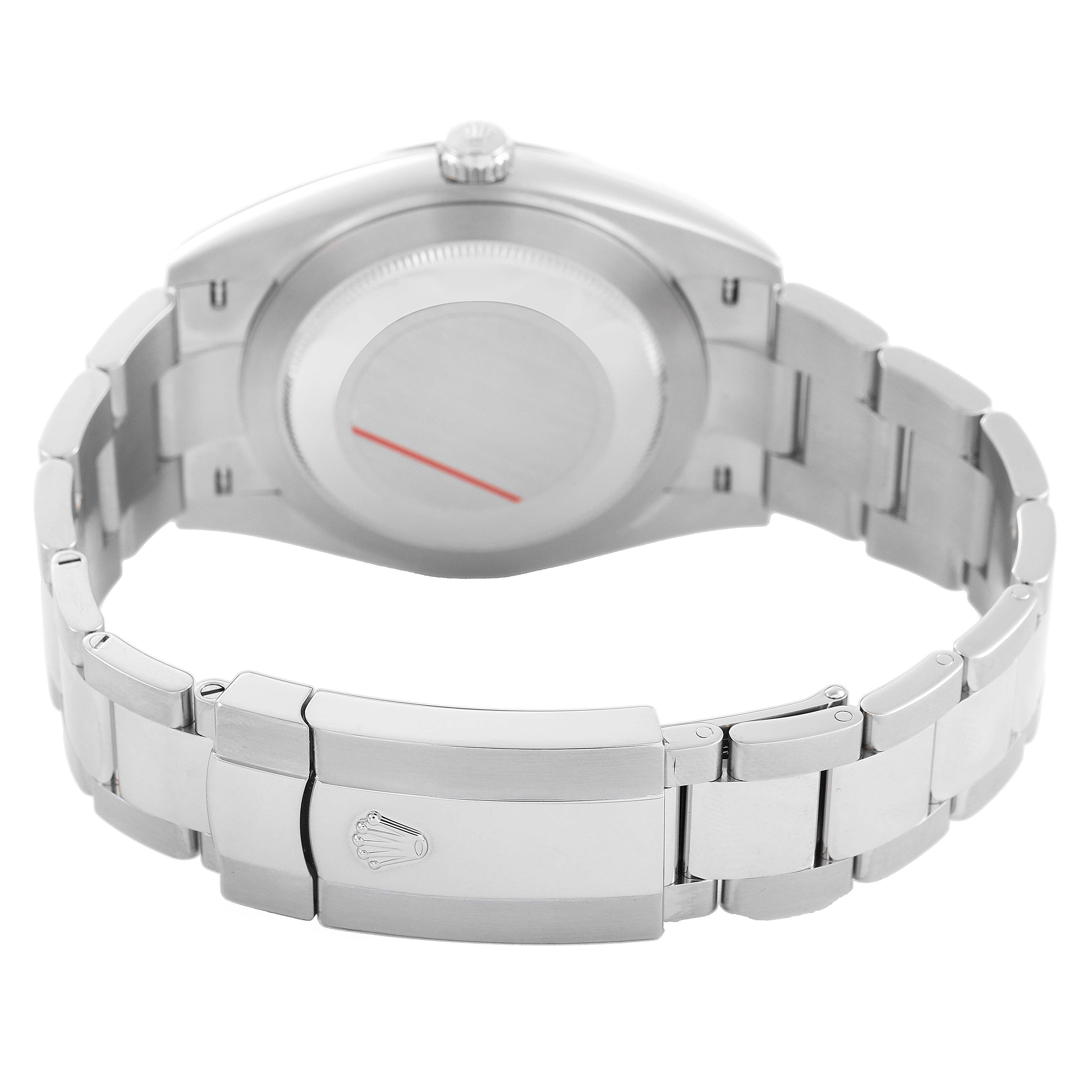 The image shows the back of a Rolex Datejust 41 126300 Men's Stainless Steel White Dial watch, focusing on the case back and bracelet clasp.