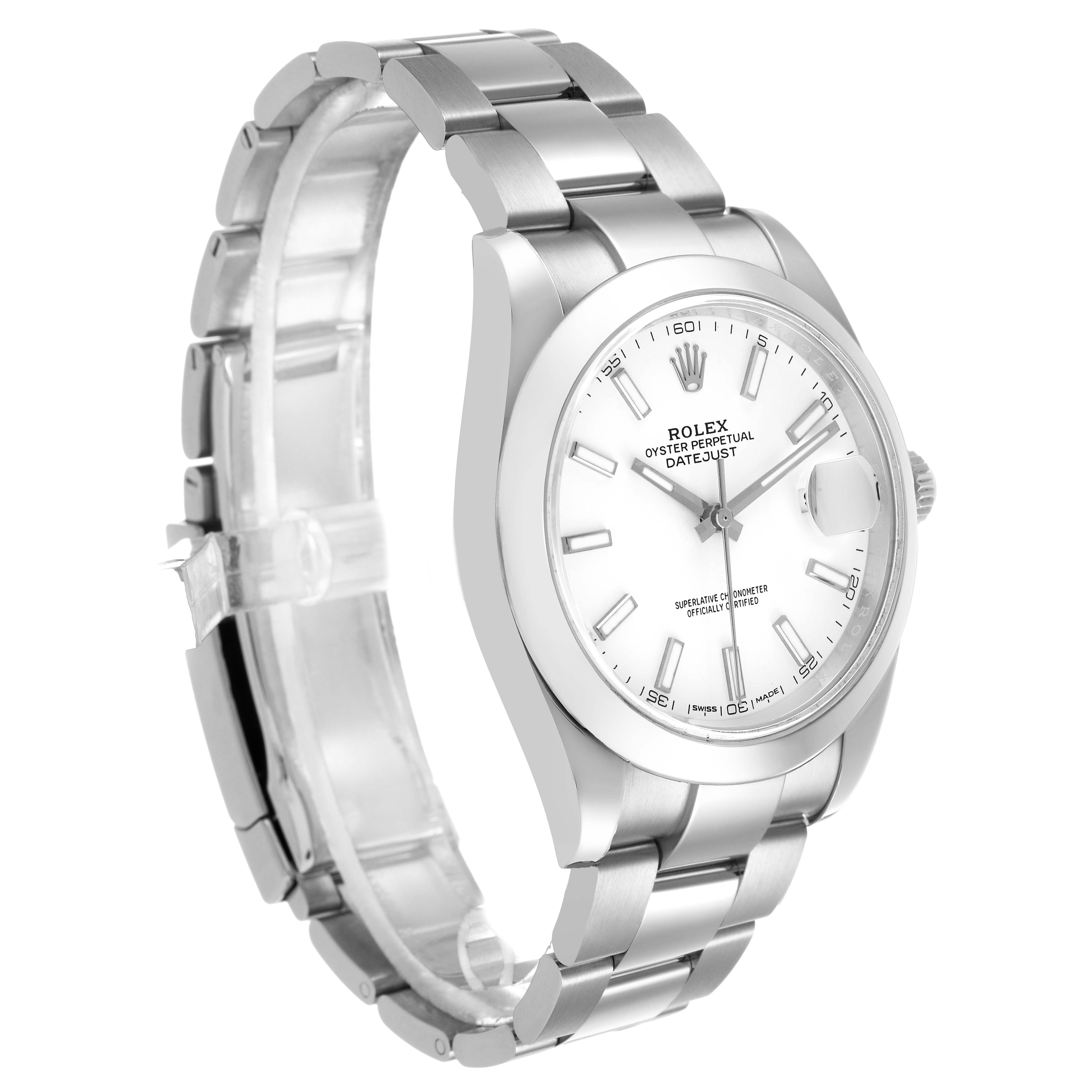 The Rolex Datejust 41 126300 Men's Stainless Steel White Dial watch is shown at an angled side view, highlighting the face, bezel, and part of the bracelet.