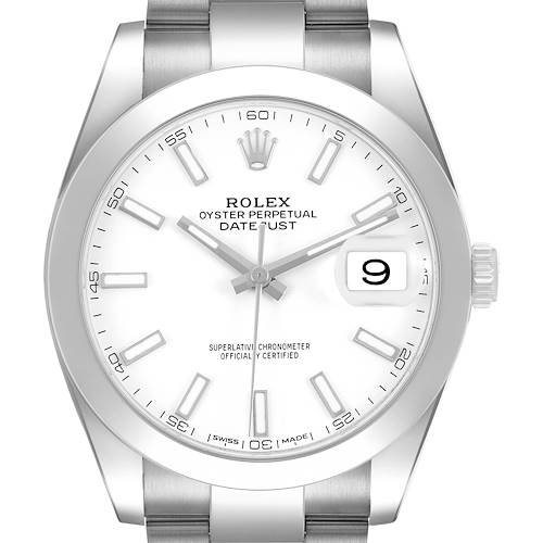 The Rolex Datejust 41 126300 Men's Stainless Steel White Dial watch is shown from the front, highlighting the dial, hands, date window, and part of the bracelet.