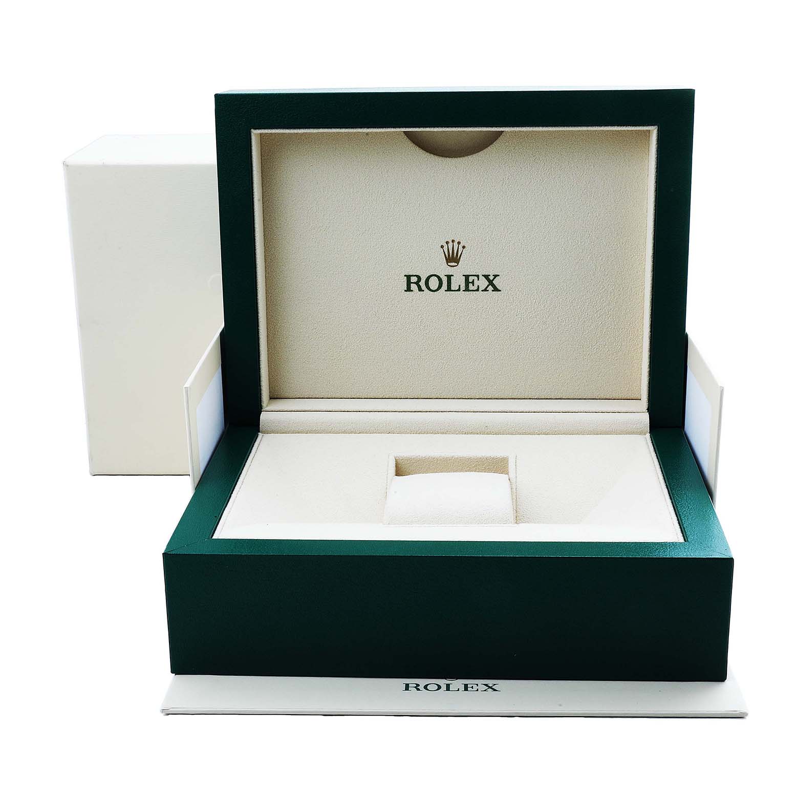 The image shows the open presentation box for a Rolex Datejust 41 126300 Men's Stainless Steel White Dial, viewed from the front, featuring interior padding and the Rolex logo.