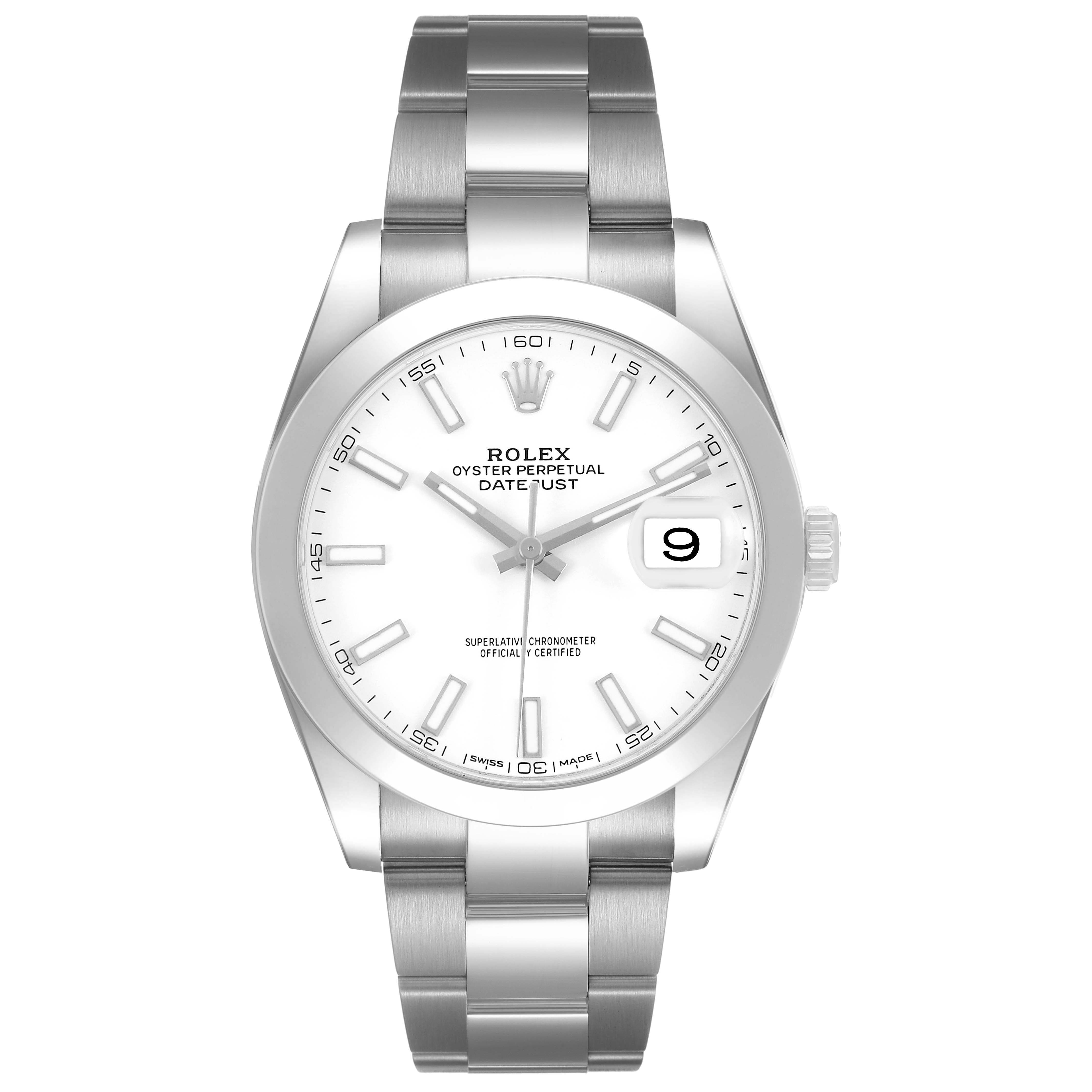 The Rolex Datejust 41 126300 Men's Stainless Steel White Dial watch is shown from a front angle, highlighting the case, dial, bezel, and bracelet.