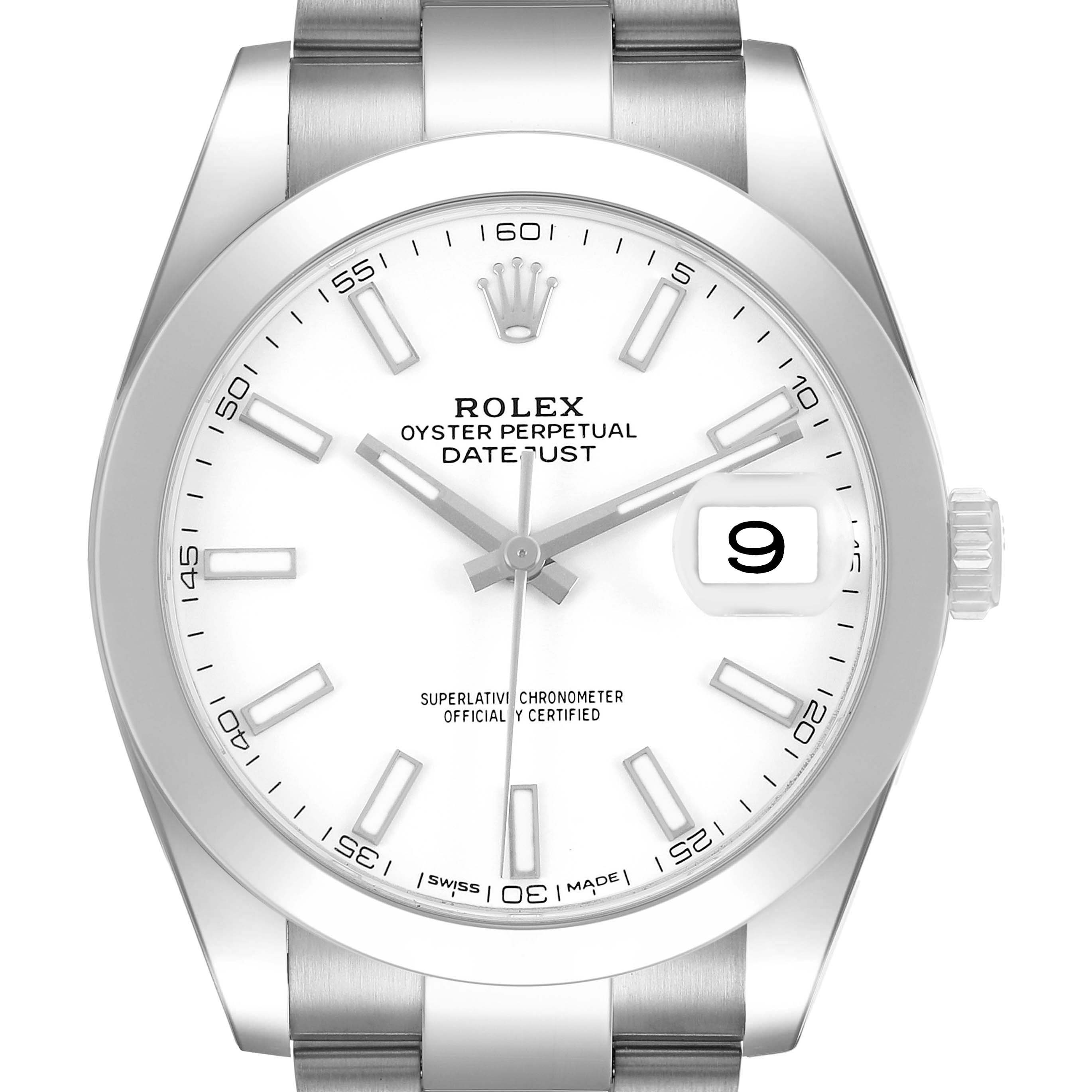 The Rolex Datejust 41 126300 Men's Stainless Steel White Dial is shown from a front angle, highlighting the white dial, hour markers, and date window at 3 o'clock.